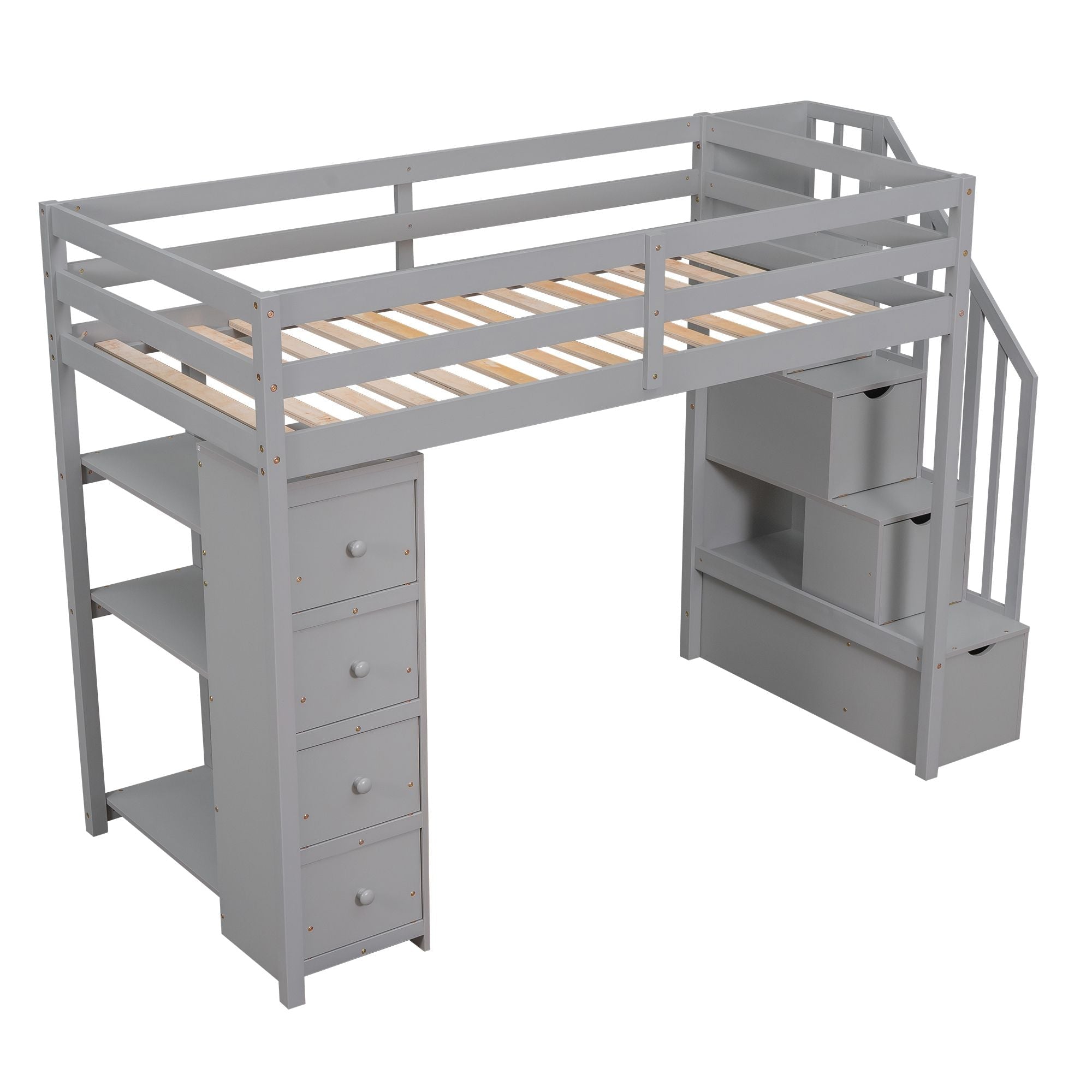Kids Shared Room Twin Wood Loft Bed with Storage Drawers and Stairs, Espresso, White, or Gray | Just Better Bunk Beds
