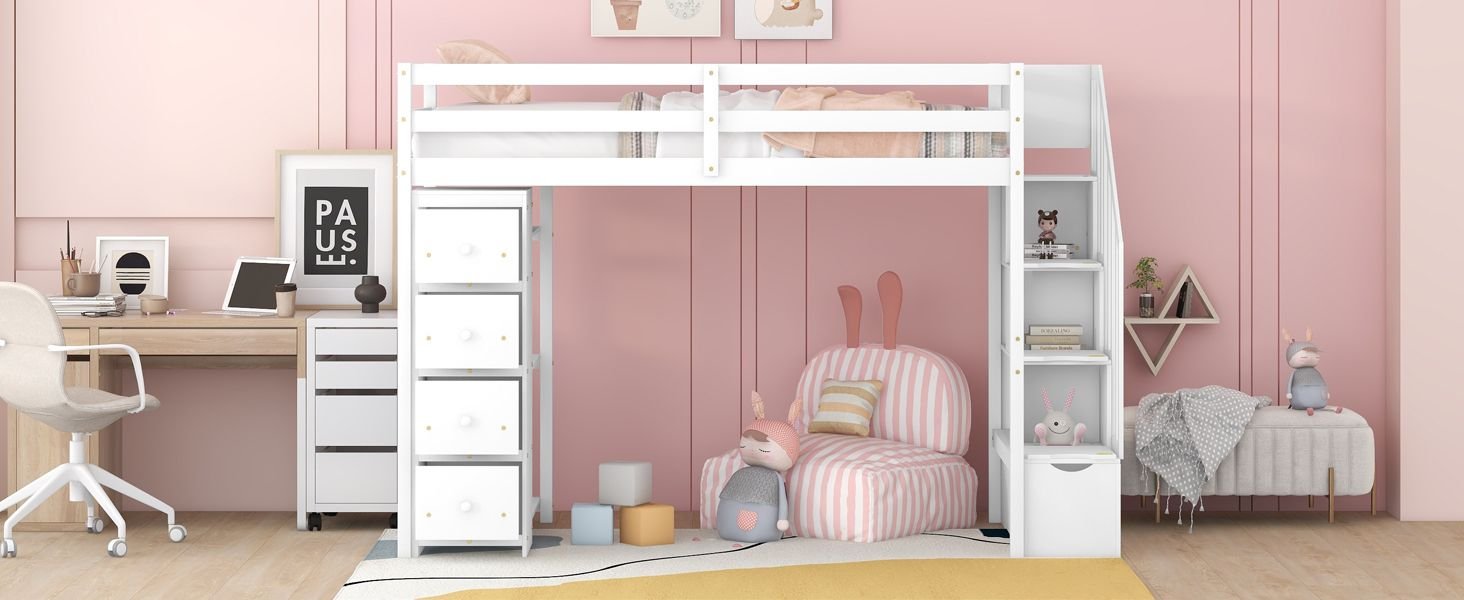 Kids Shared Room Twin Wood Loft Bed with Storage Drawers and Stairs, Espresso, White, or Gray | Just Better Bunk Beds