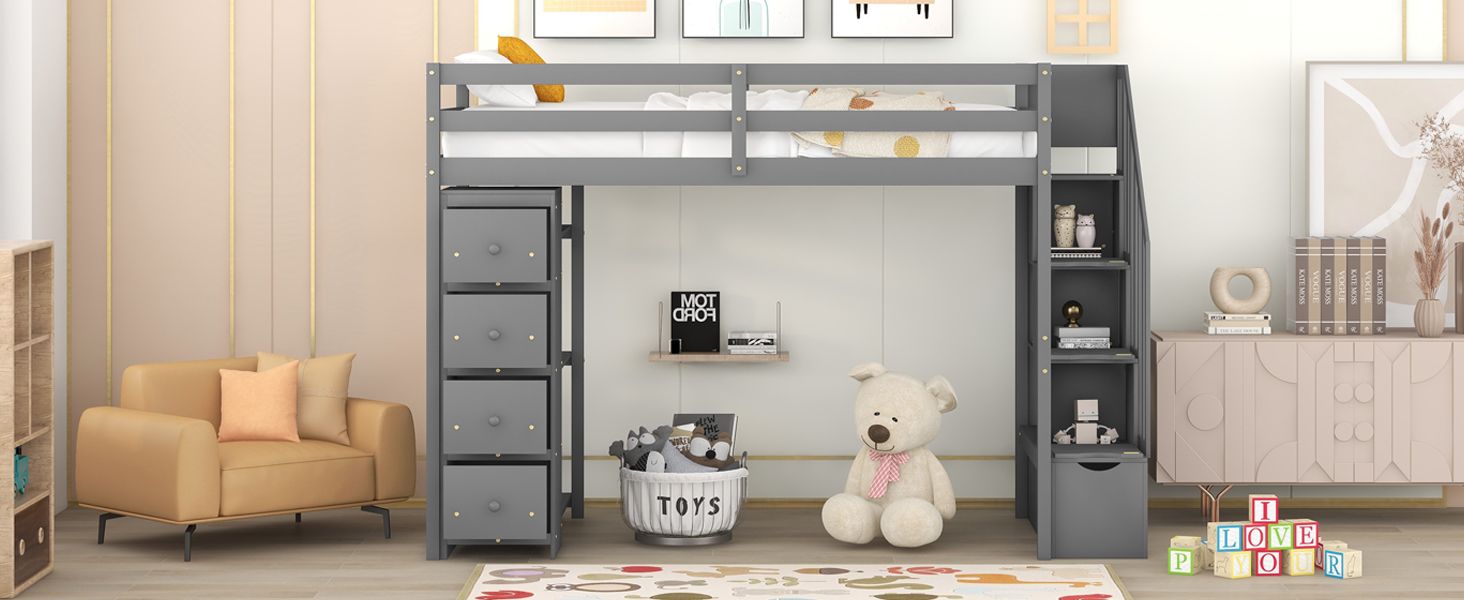 Kids Shared Room Twin Wood Loft Bed with Storage Drawers and Stairs, Espresso, White, or Gray | Just Better Bunk Beds