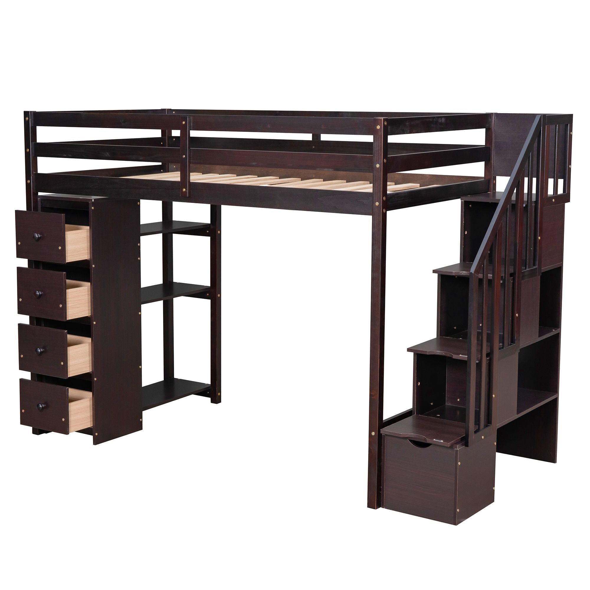 Kids Shared Room Twin Wood Loft Bed with Storage Drawers and Stairs, Espresso, White, or Gray | Just Better Bunk Beds