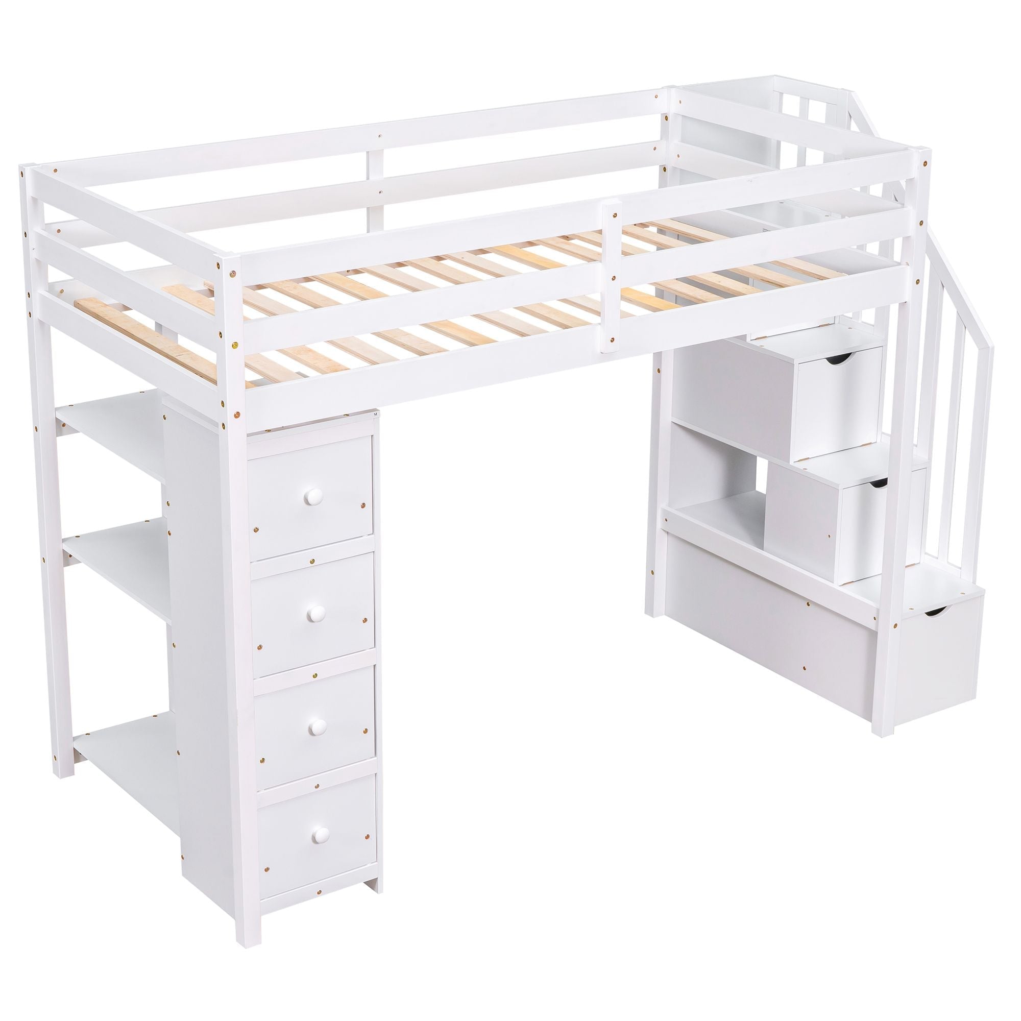 Kids Shared Room Twin Wood Loft Bed with Storage Drawers and Stairs, Espresso, White, or Gray | Just Better Bunk Beds