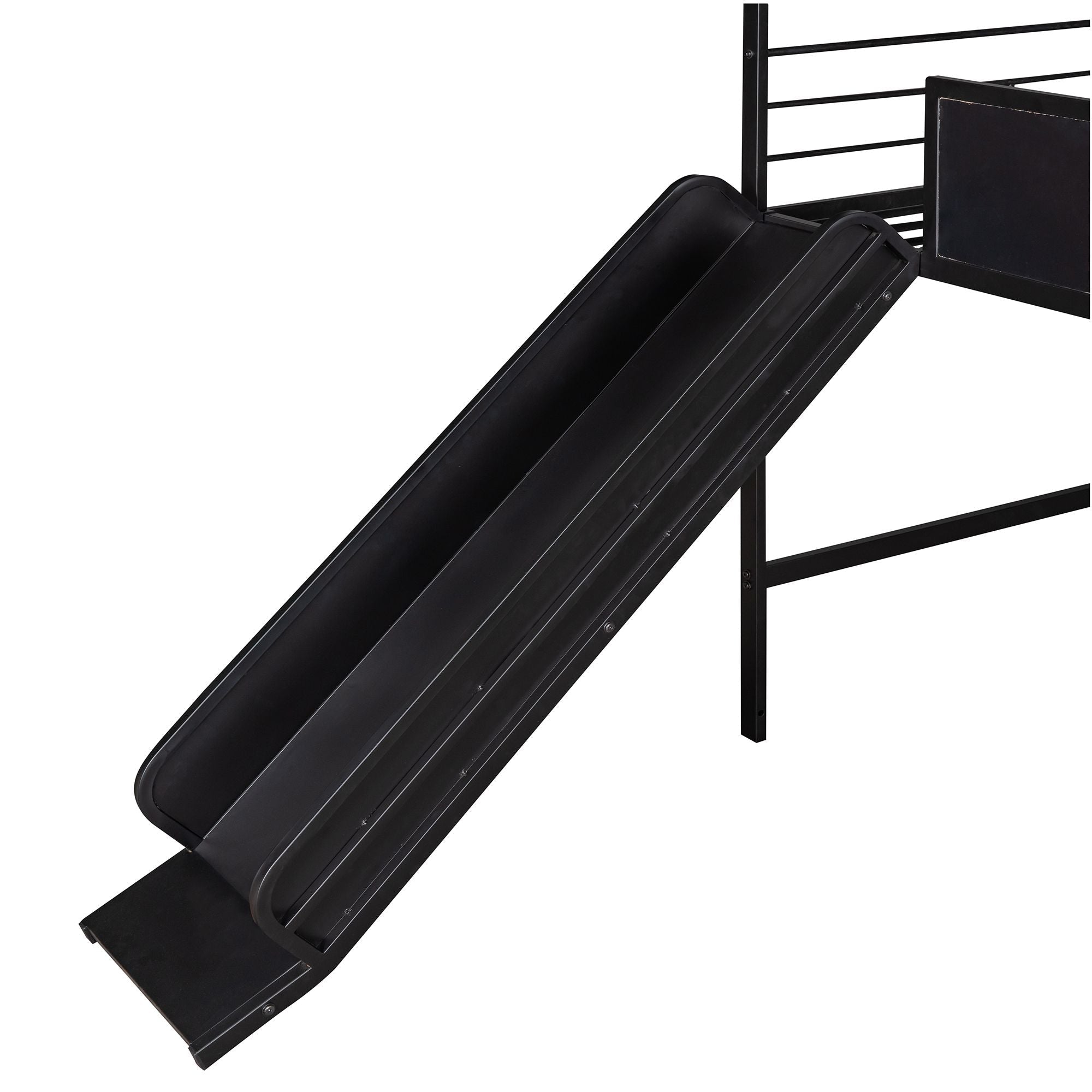 Kids Twin Loft Bed with Slide, Black Metal House Frame and Writable Wooden Board | Just Better Bunk Beds