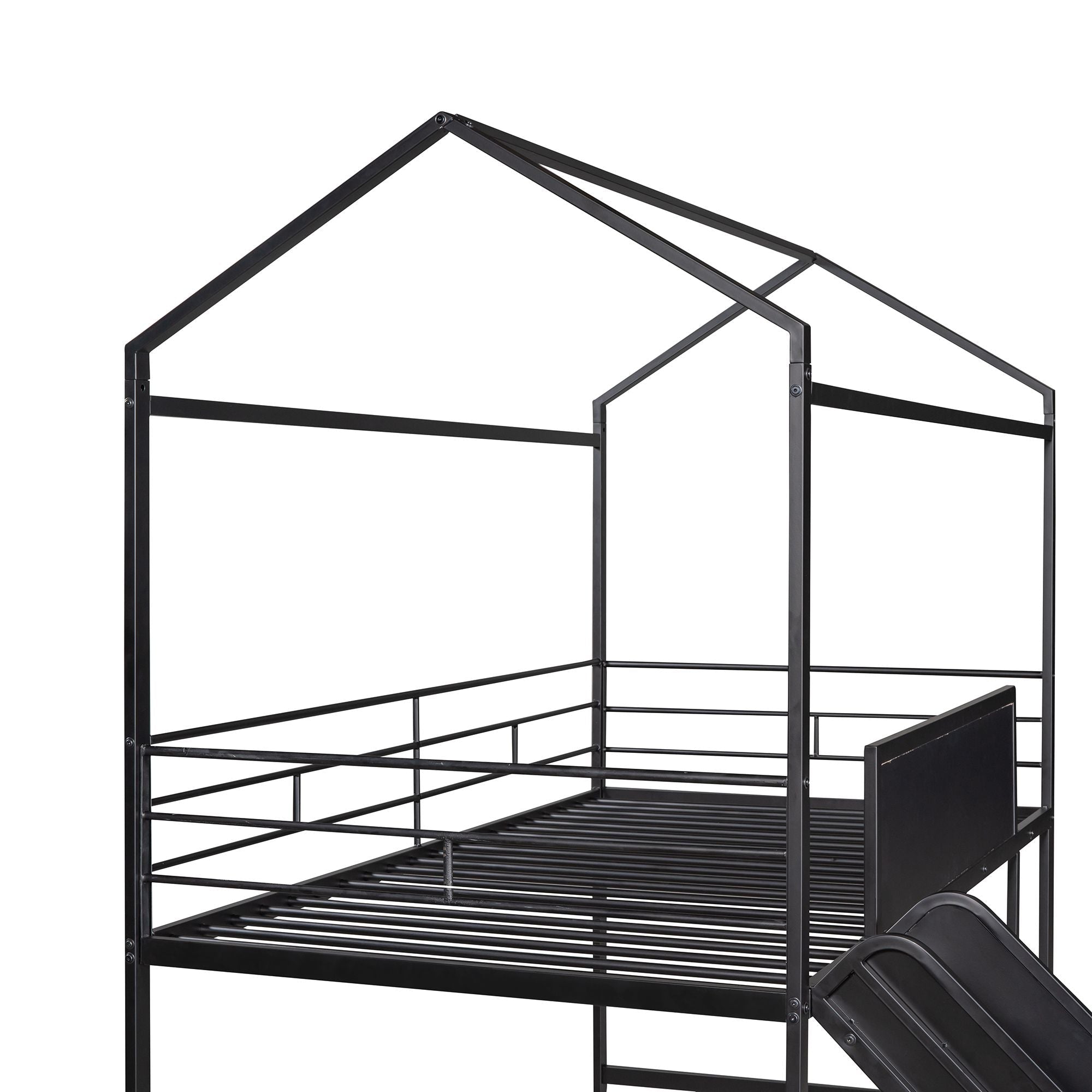 Kids Twin Loft Bed with Slide, Black Metal House Frame and Writable Wooden Board | Just Better Bunk Beds