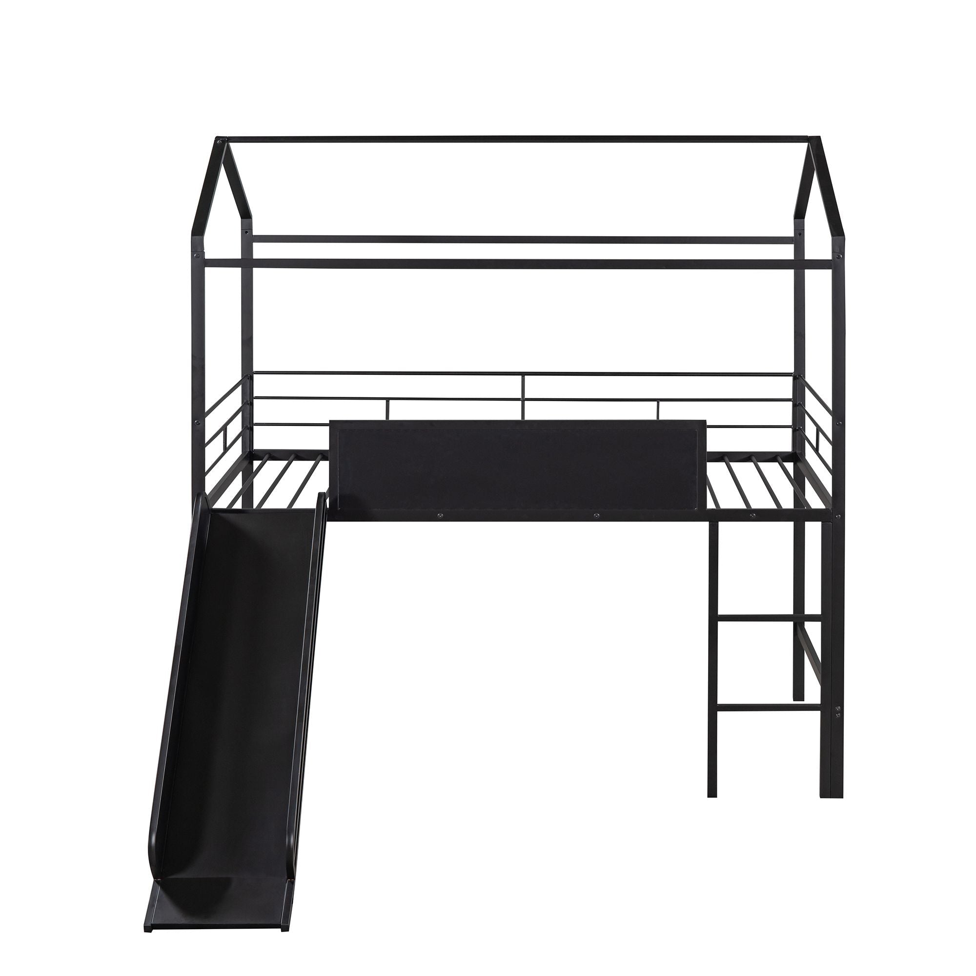 Kids Twin Loft Bed with Slide, Black Metal House Frame and Writable Wooden Board | Just Better Bunk Beds