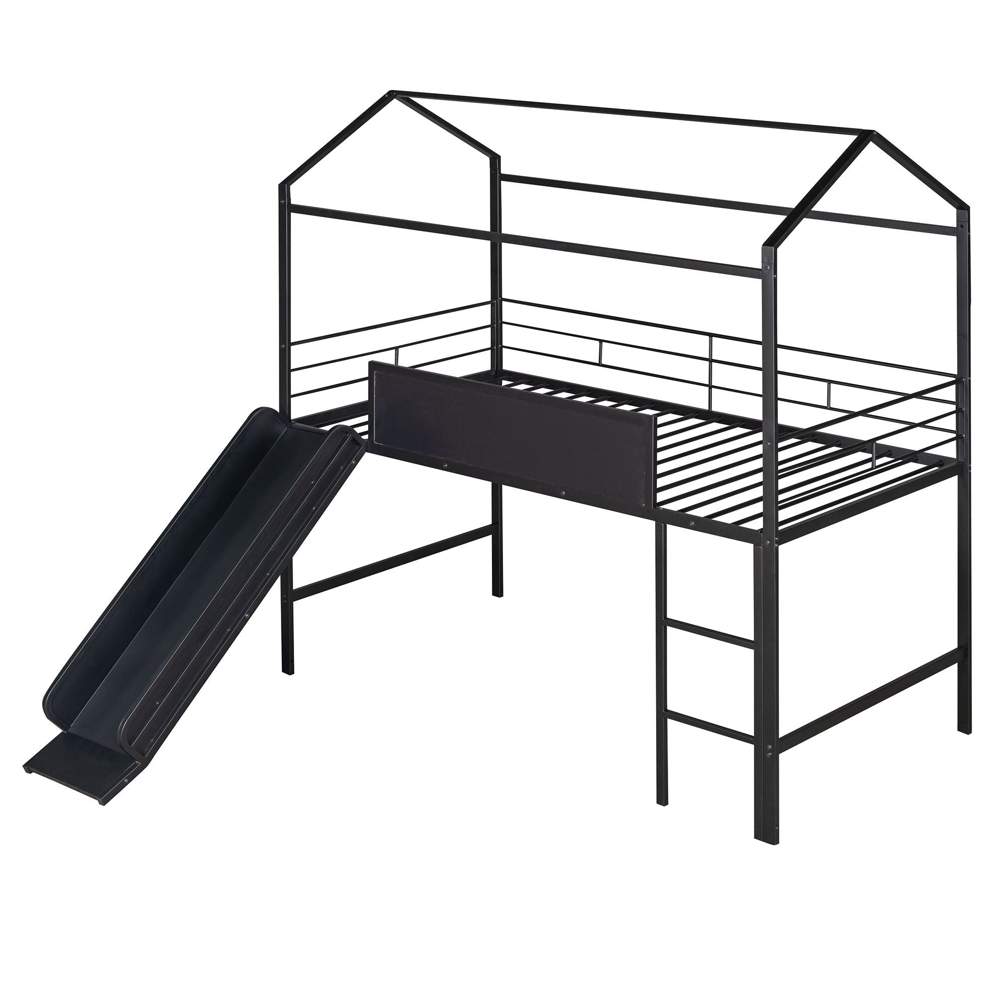 Kids Twin Loft Bed with Slide, Black Metal House Frame and Writable Wooden Board | Just Better Bunk Beds