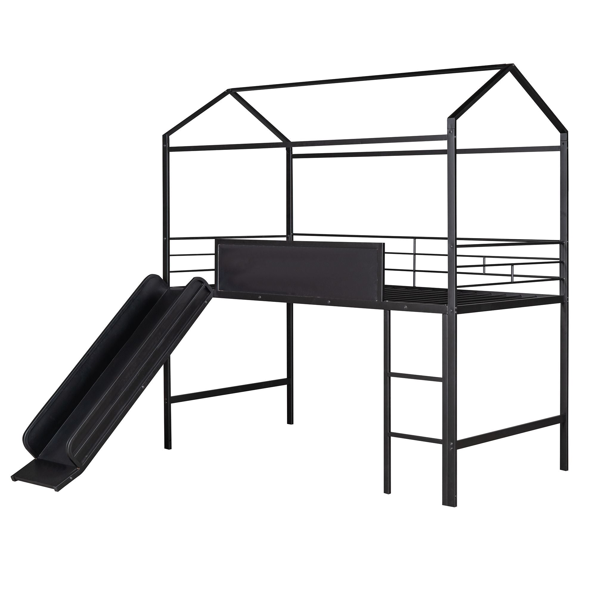 Kids Twin Loft Bed with Slide, Black Metal House Frame and Writable Wooden Board | Just Better Bunk Beds