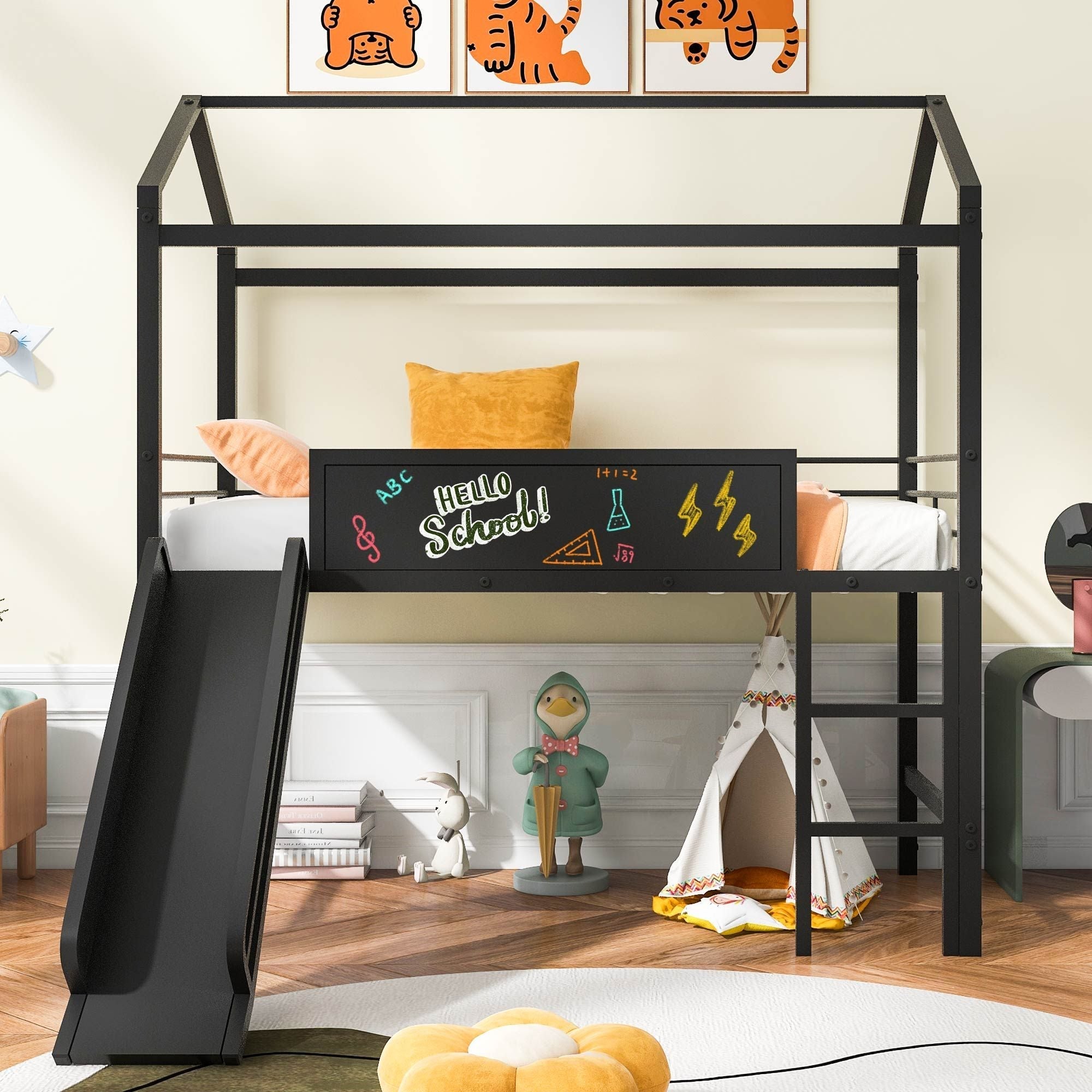 Kids Twin Loft Bed with Slide, Black Metal House Frame and Writable Wooden Board | Just Better Bunk Beds