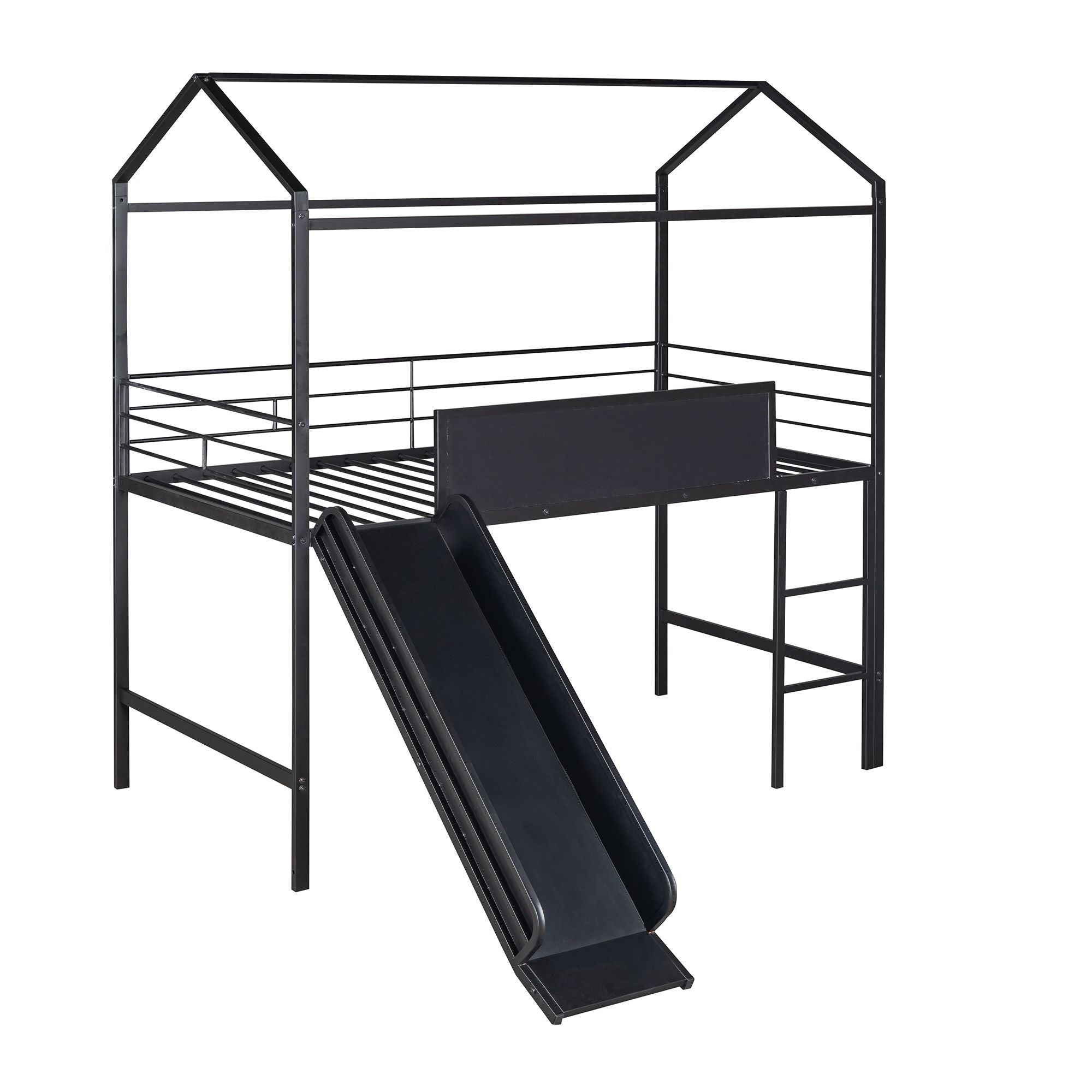 Kids Twin Loft Bed with Slide, Black Metal House Frame and Writable Wooden Board | Just Better Bunk Beds