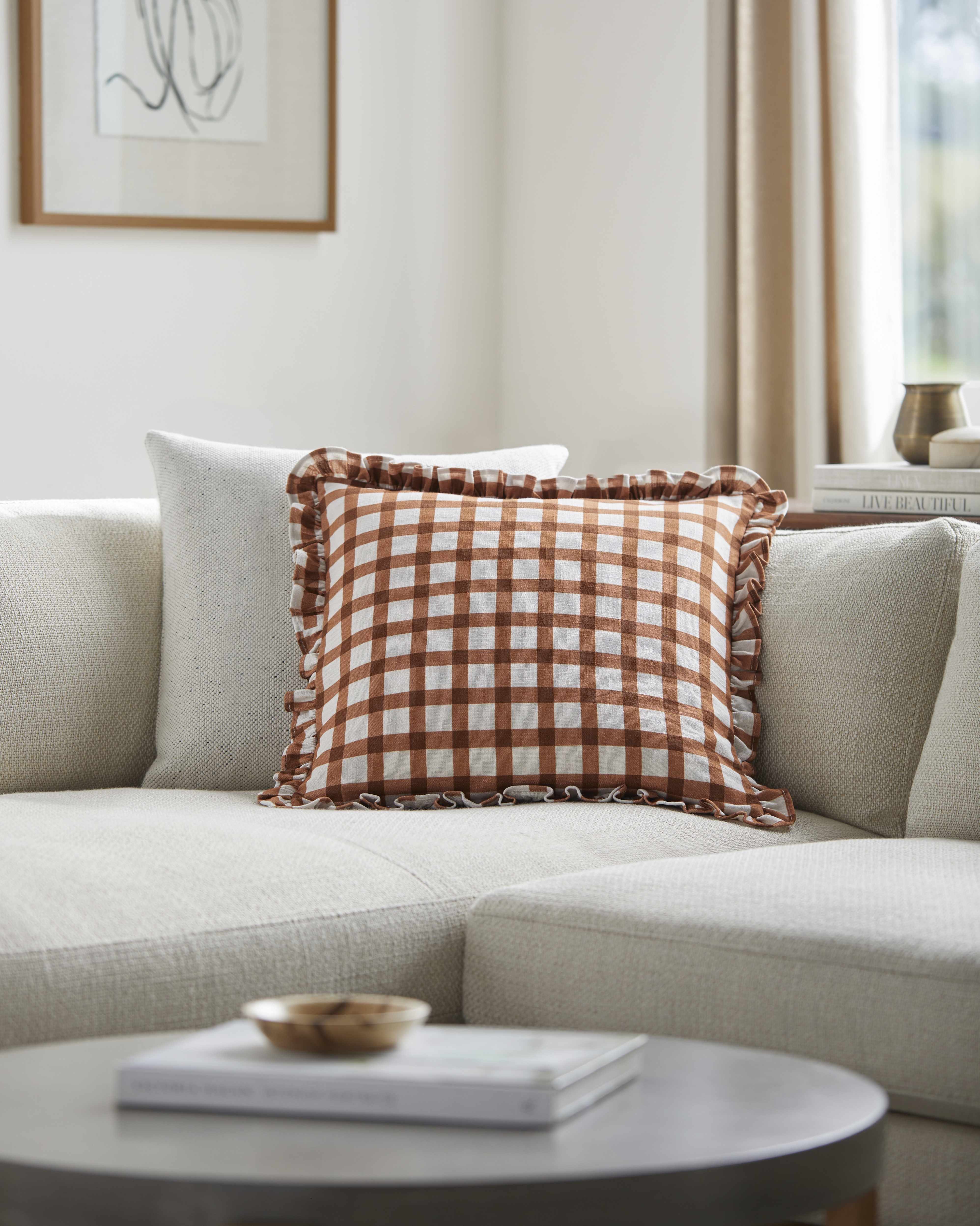 Usain Rust Gingham Ruffled Pillow-0
