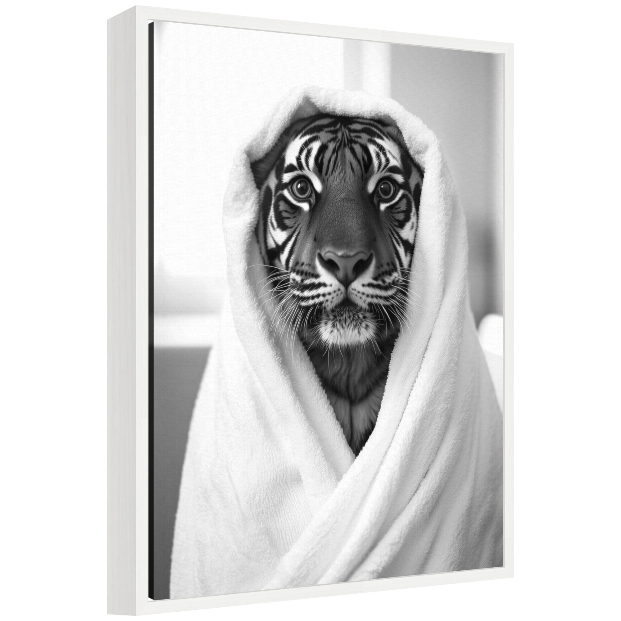 Sylvie Tiger Bathroom Art Towel Robe Black and White Framed Canvas by The Creative Bunch Studio