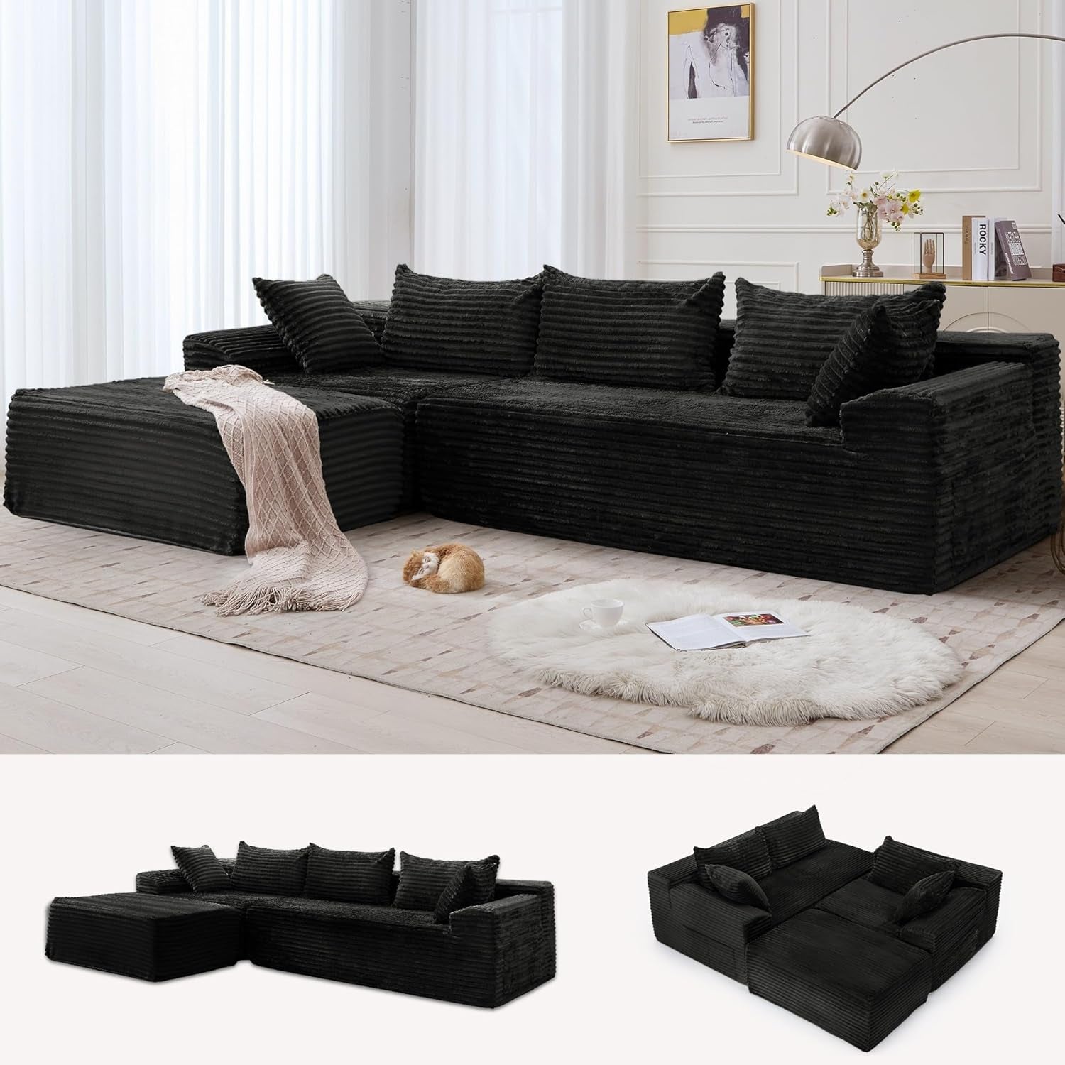 108 Inch L Shape Modular Sectional Sofa Corduroy Fabric For Living Room Comfort Everyday