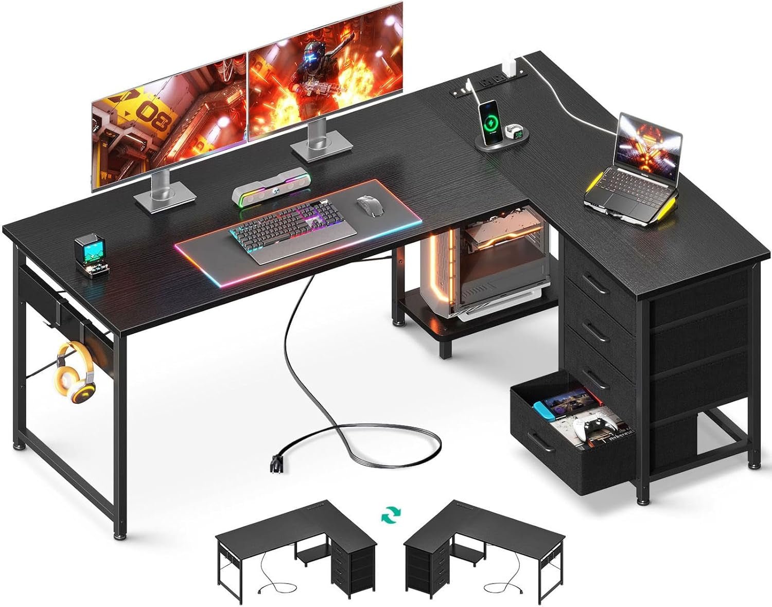 L Shaped Gaming Desk 61 Inch With Built In Power Outlets