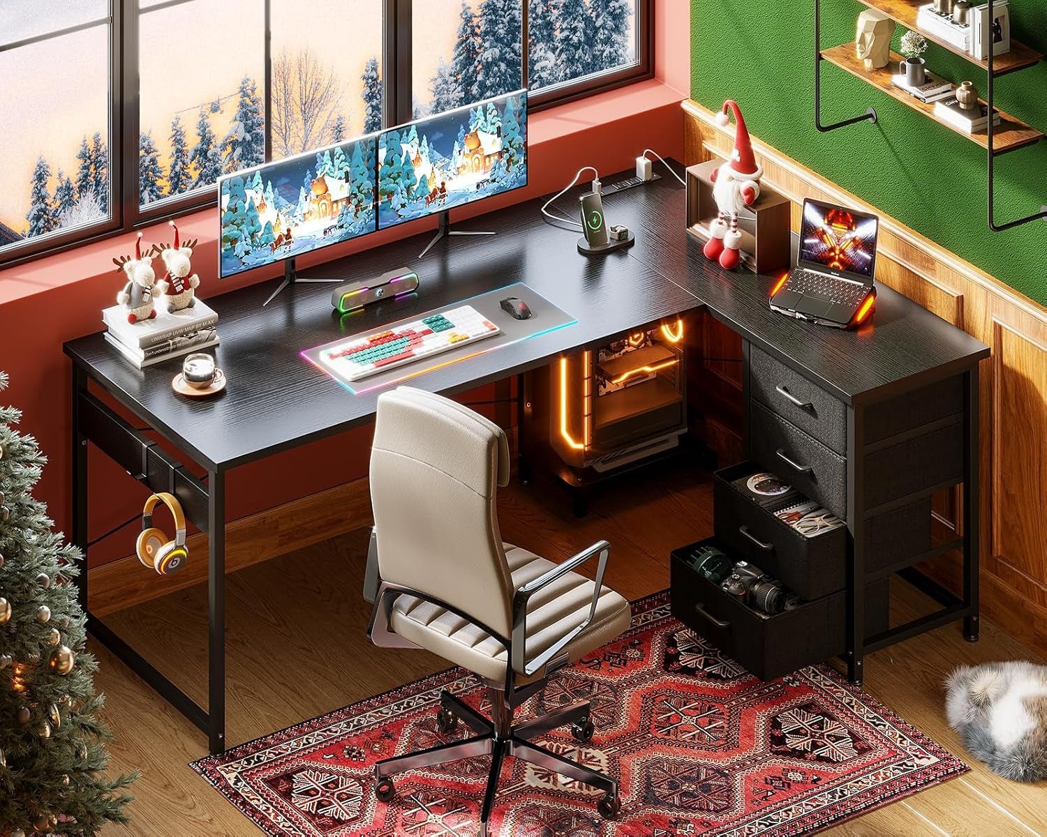 L Shaped Gaming Desk 61 Inch With Built In Power Outlets