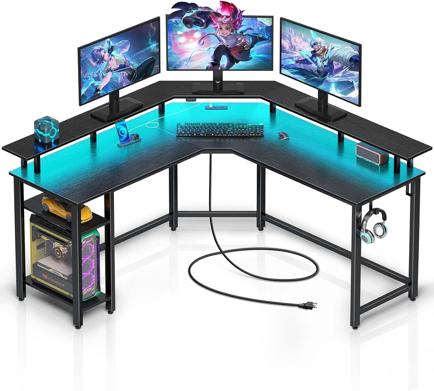 53 Inch L Shaped Gaming Desk With LED Light Kit And Outlets