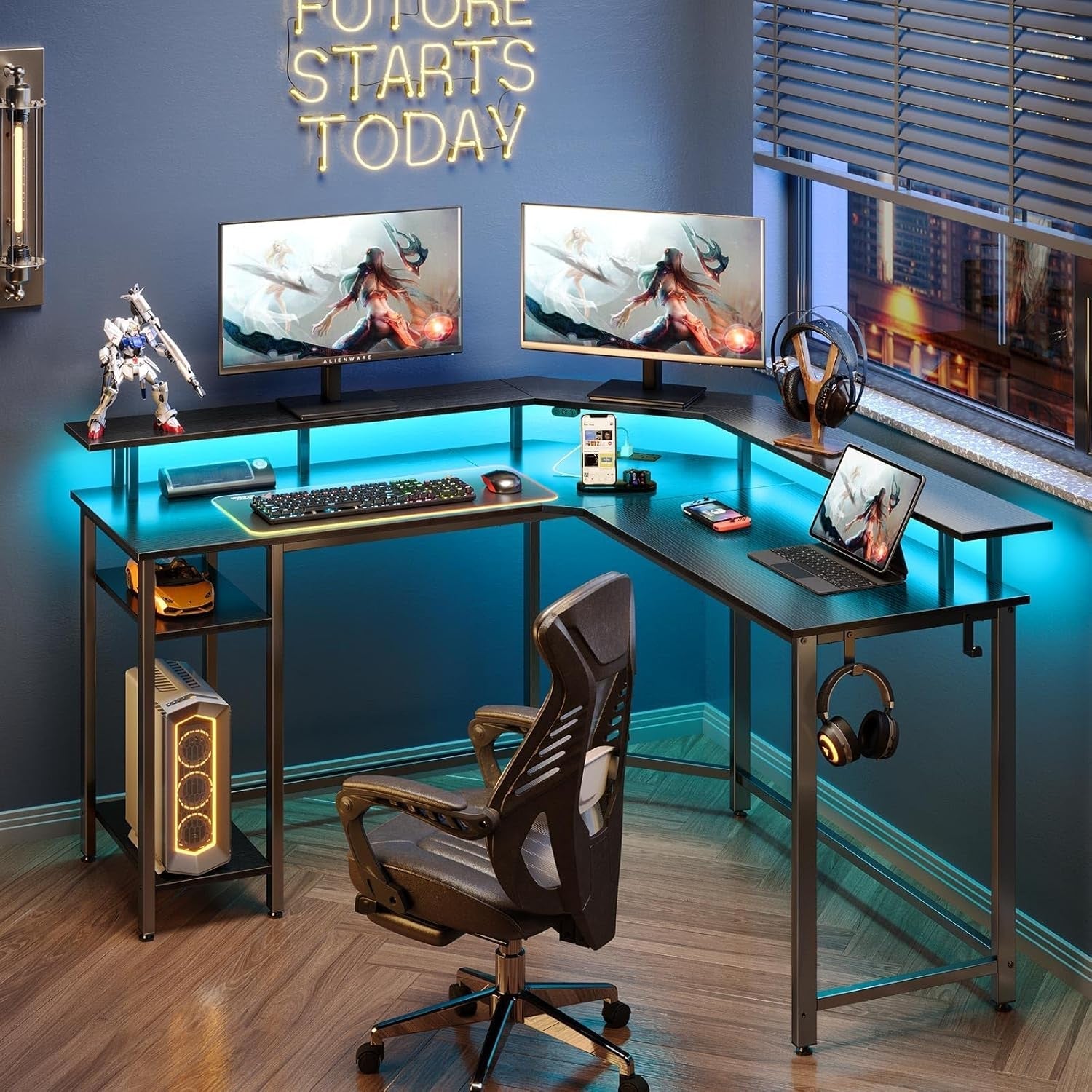 53 Inch L Shaped Gaming Desk With LED Light Kit And Outlets