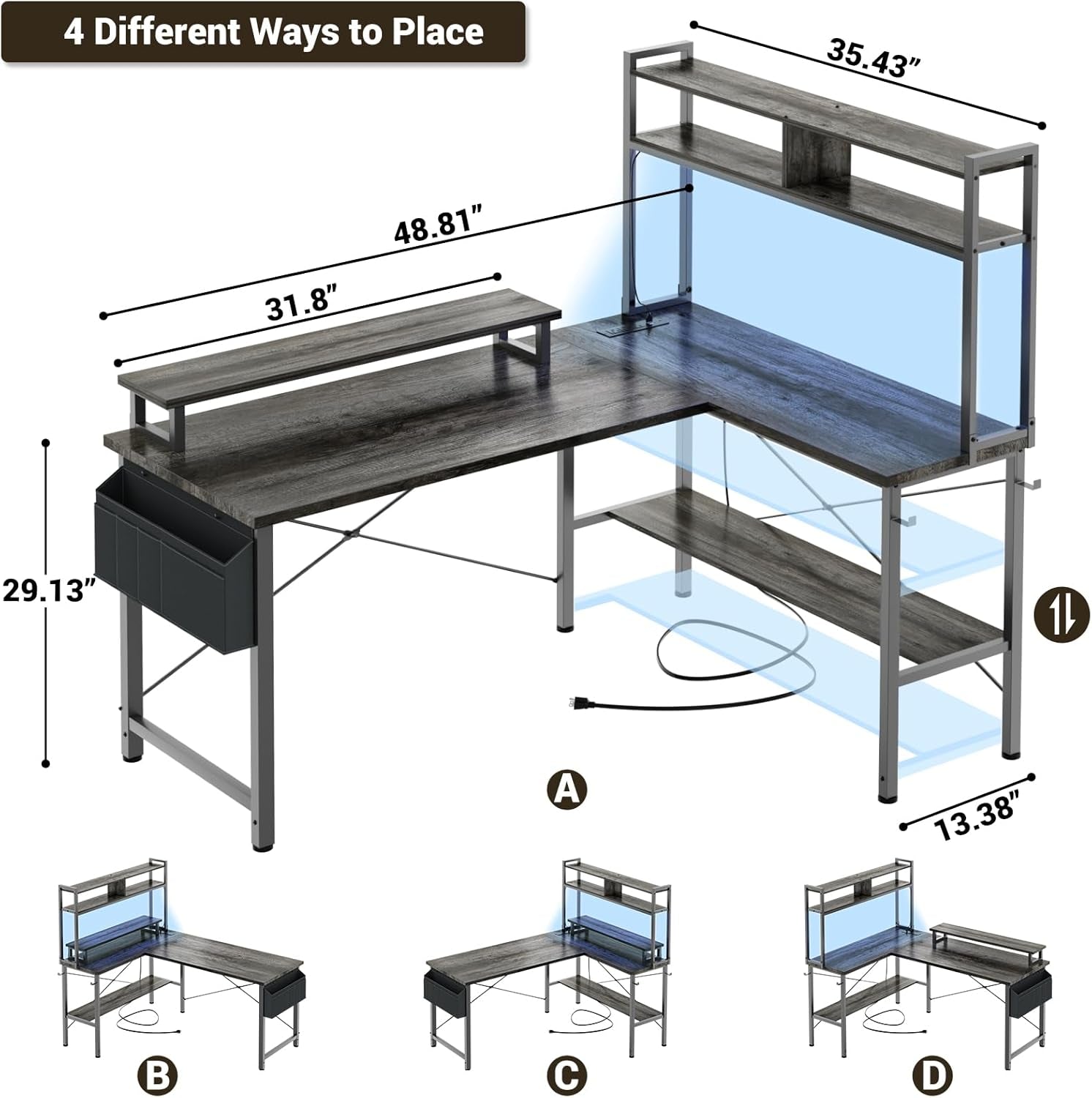 L Shaped Gaming Desk With Power Outlets And Grey Oak