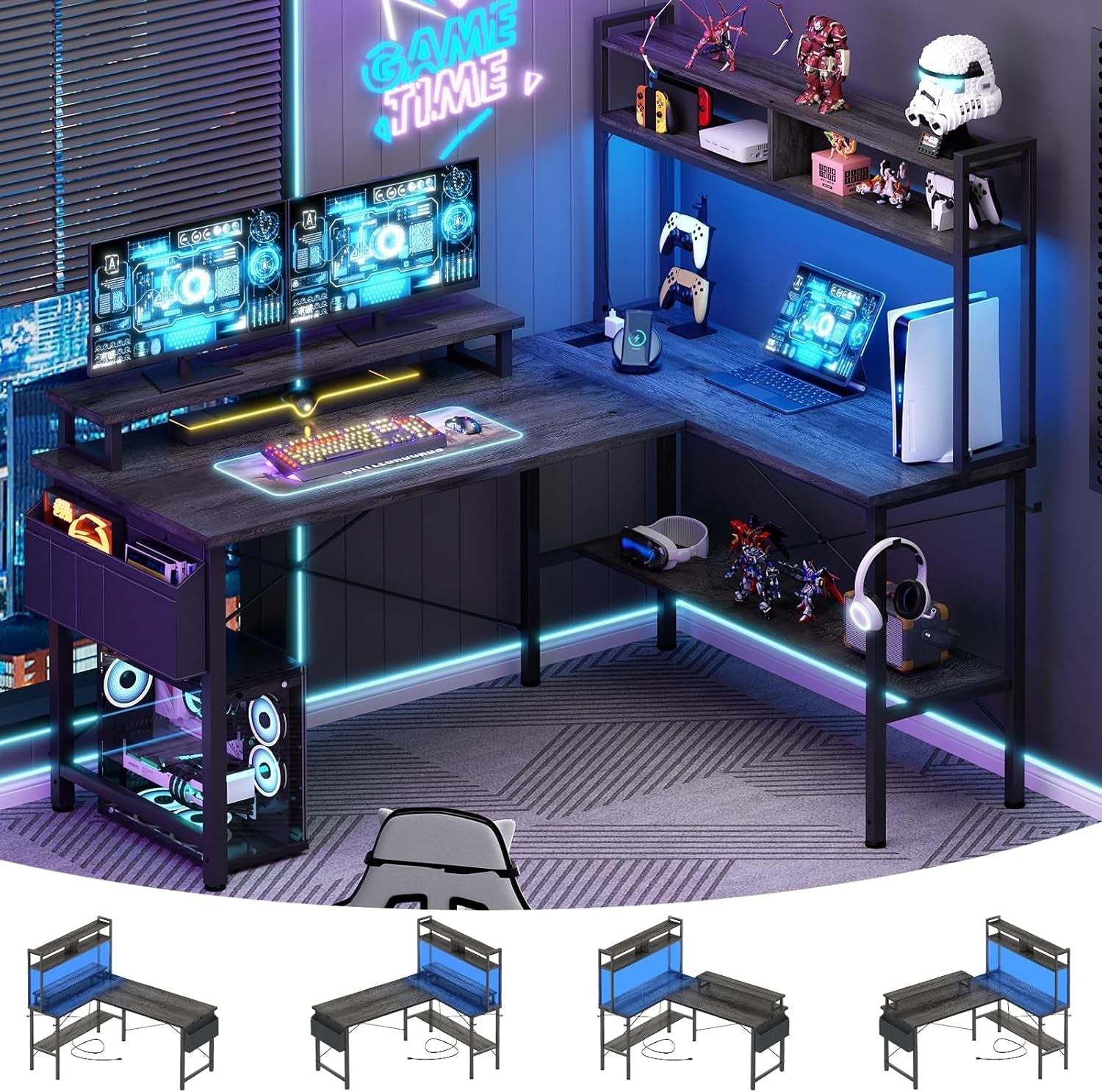 L Shaped Gaming Desk With Power Outlets And Grey Oak