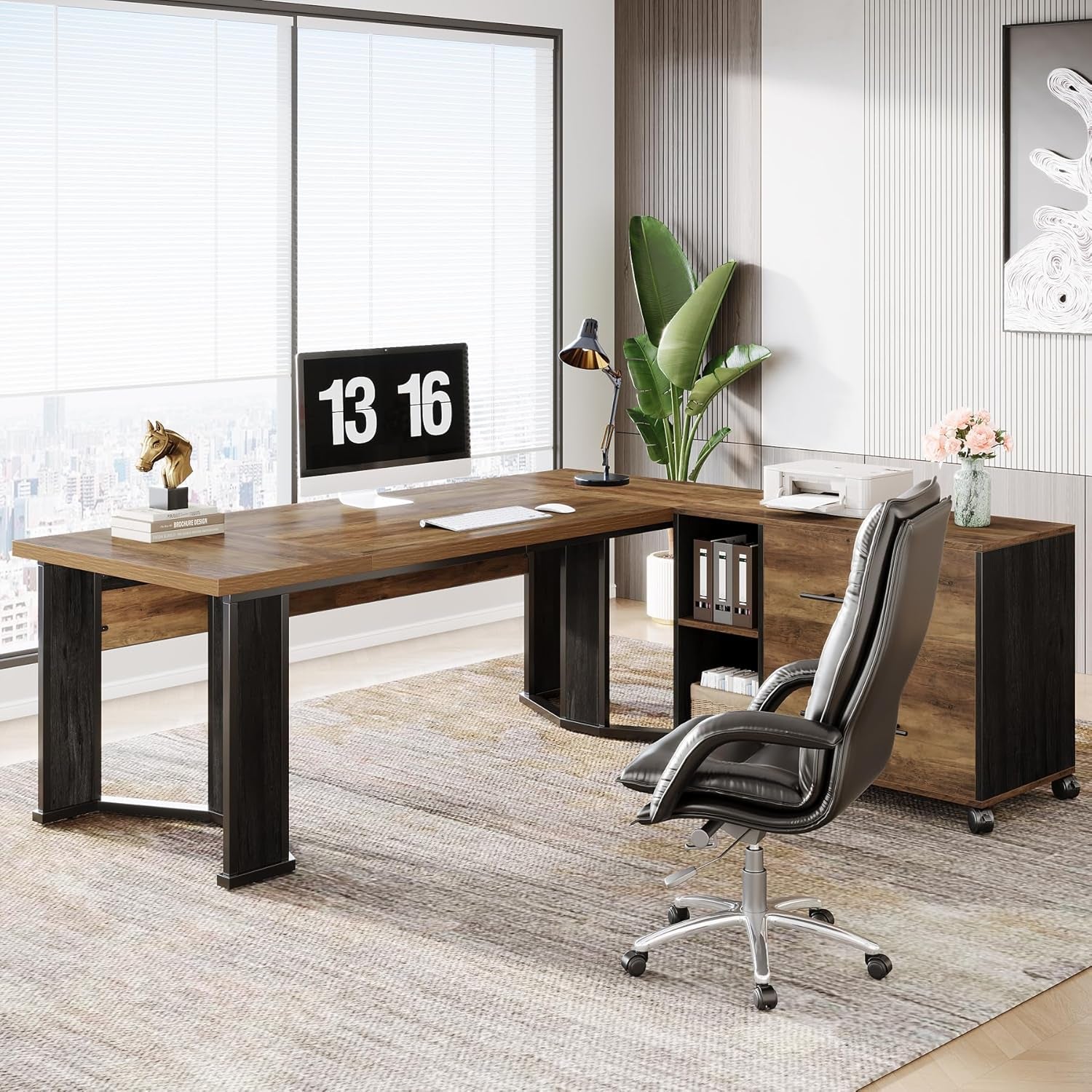 Large L Shaped Executive Desk with Mobile File Cabinet