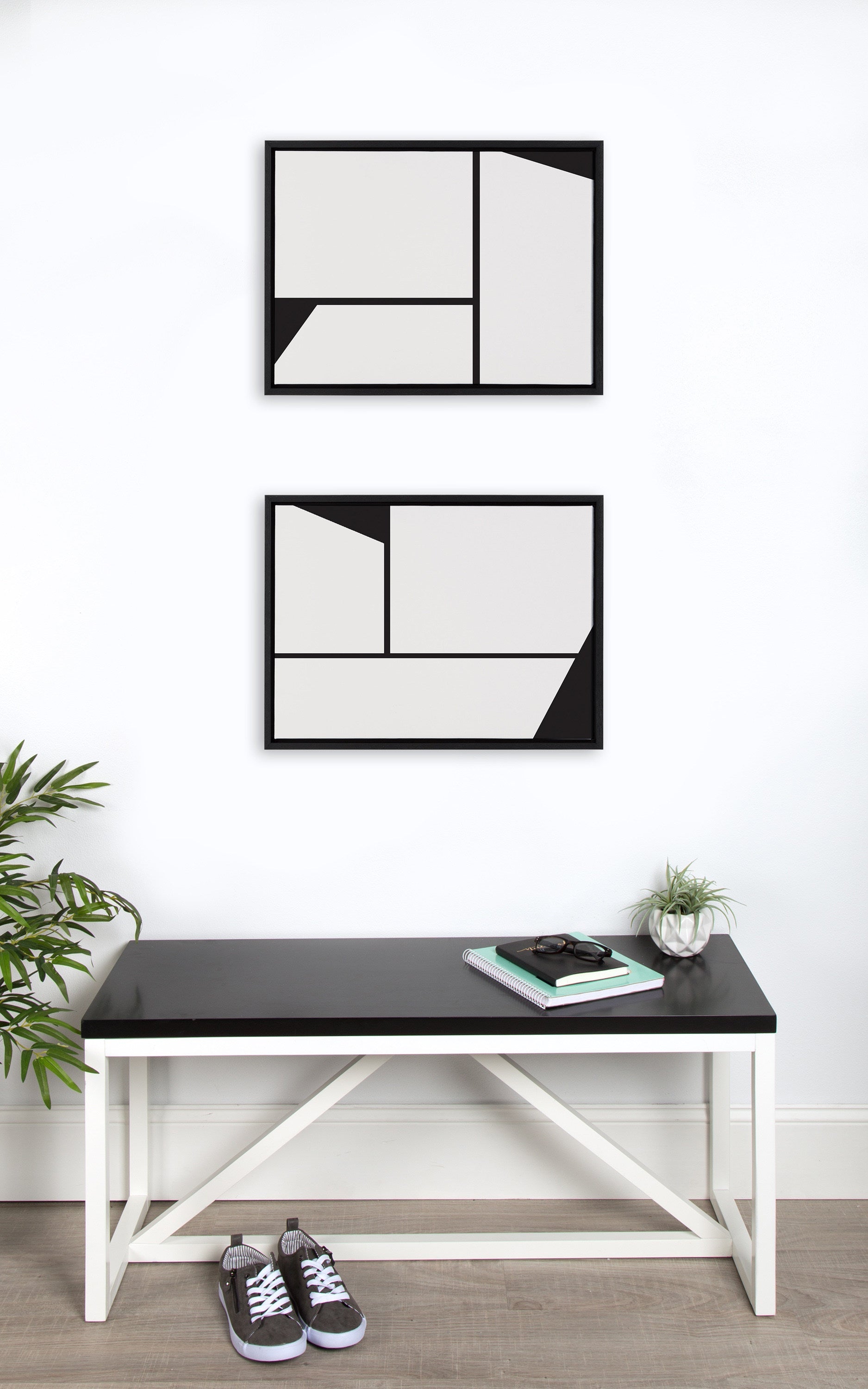 Sylvie Sleek Luxe Minimalist Black and White Abstract Framed Canvas Art Set by The Creative Bunch Studio