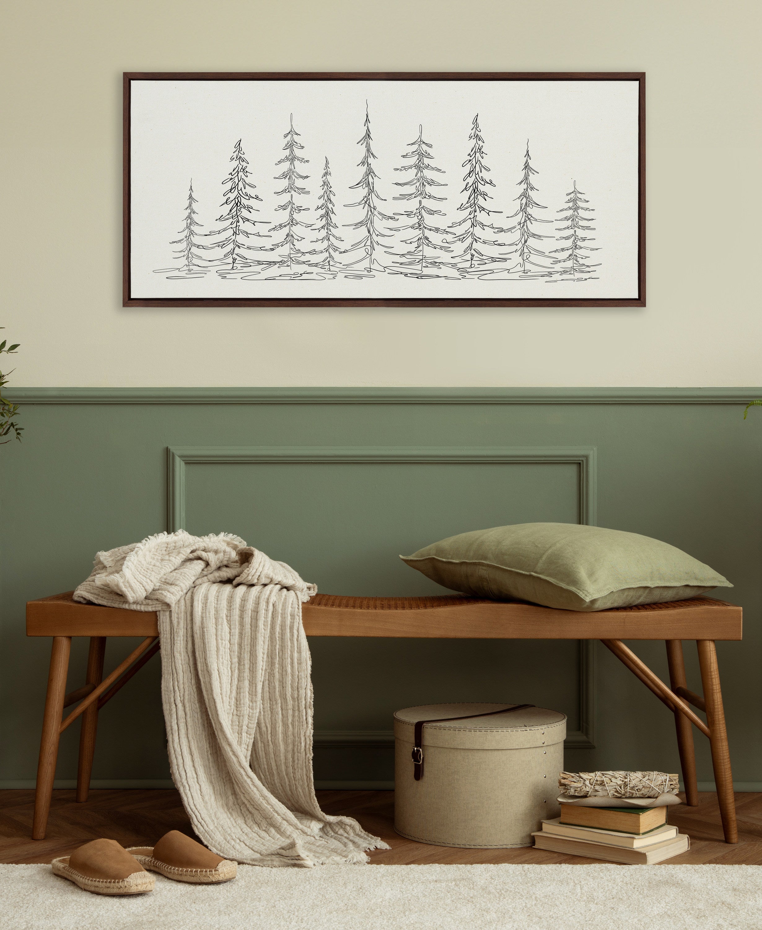 Sylvie Minimalist Evergreen Trees Sketch Framed Canvas by The Creative Bunch Studio