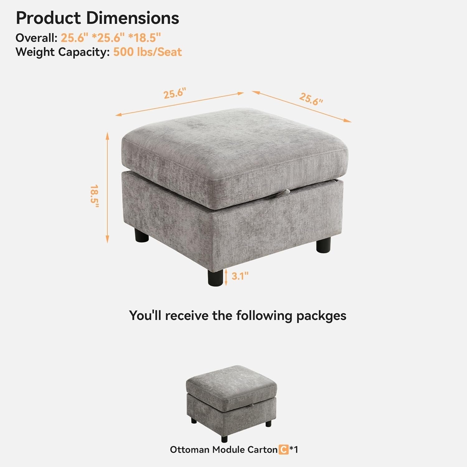 Light Grey Square Storage Ottoman for Versatile Living Spaces