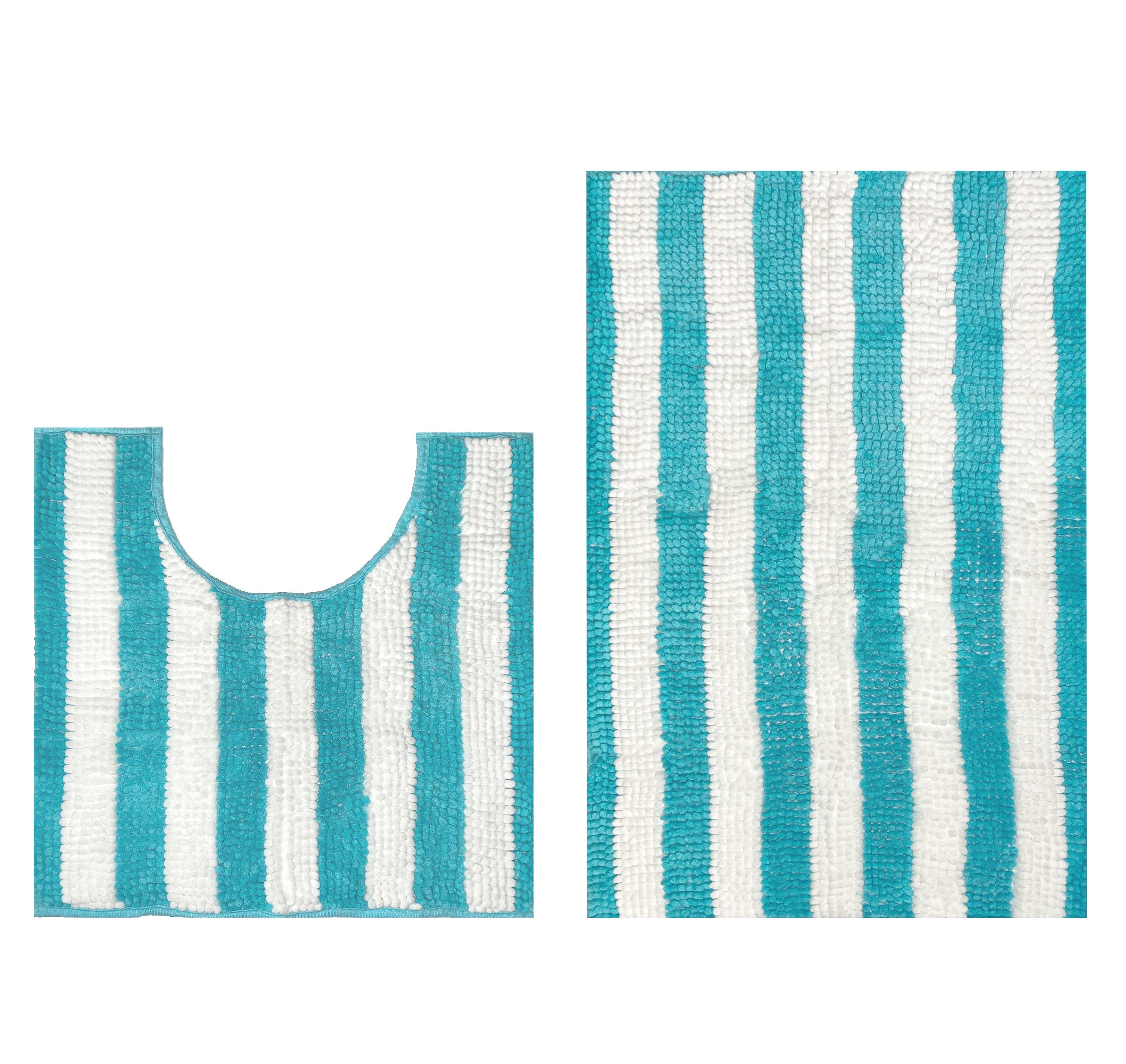 2 Piece Set Light Blue Stripe Soft Cozy Plush Chenille Bath Mat Bathroom Rug