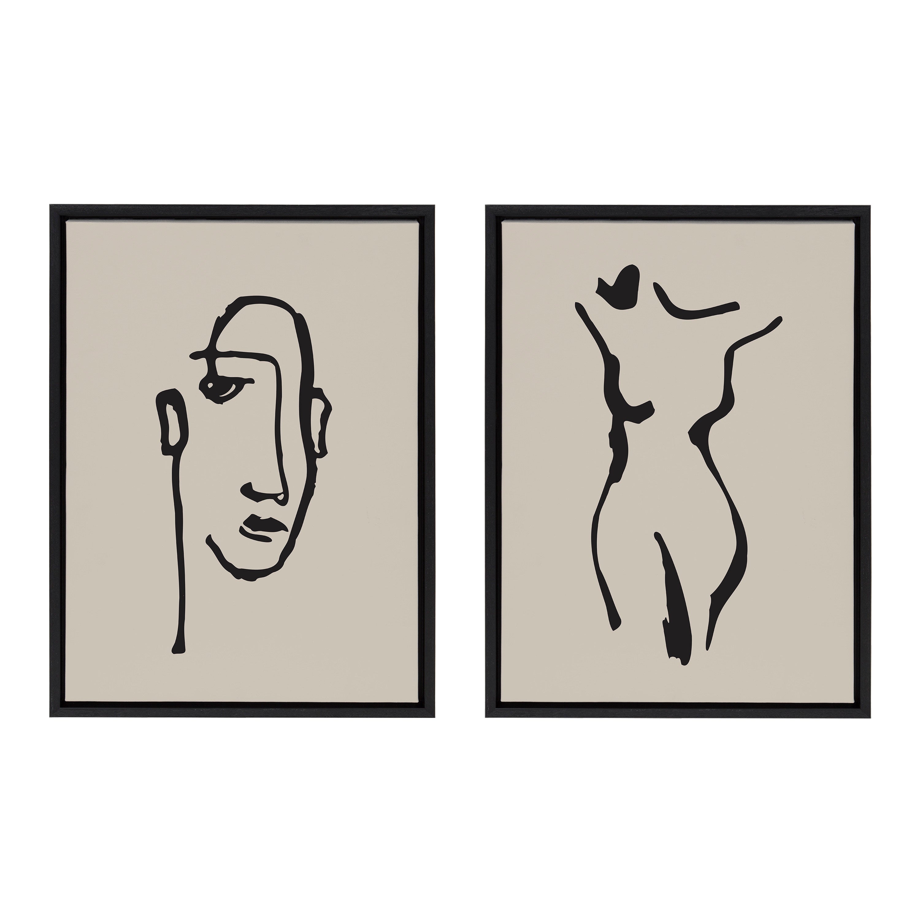 Sylvie Minimalist Neutral Line Art Drawing Face and Body Framed Canvas Art Set by The Creative Bunch Studio