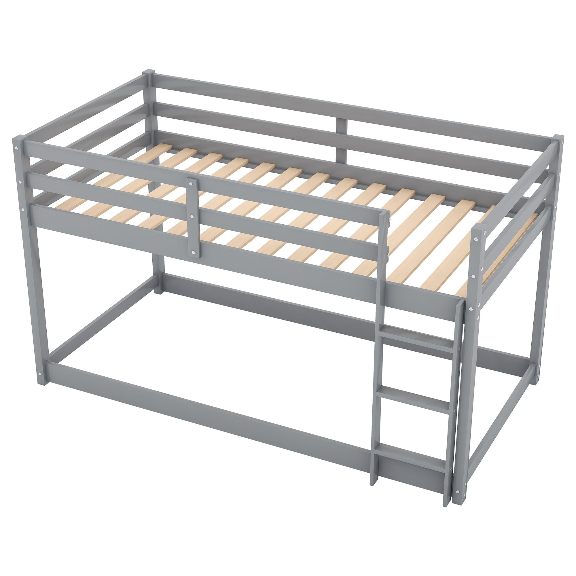 Low Profile Twin Over Twin Wood Floor Bunk Bed with Ladder in Gray for Kids Shared Rooms | Just Better Bunk Beds