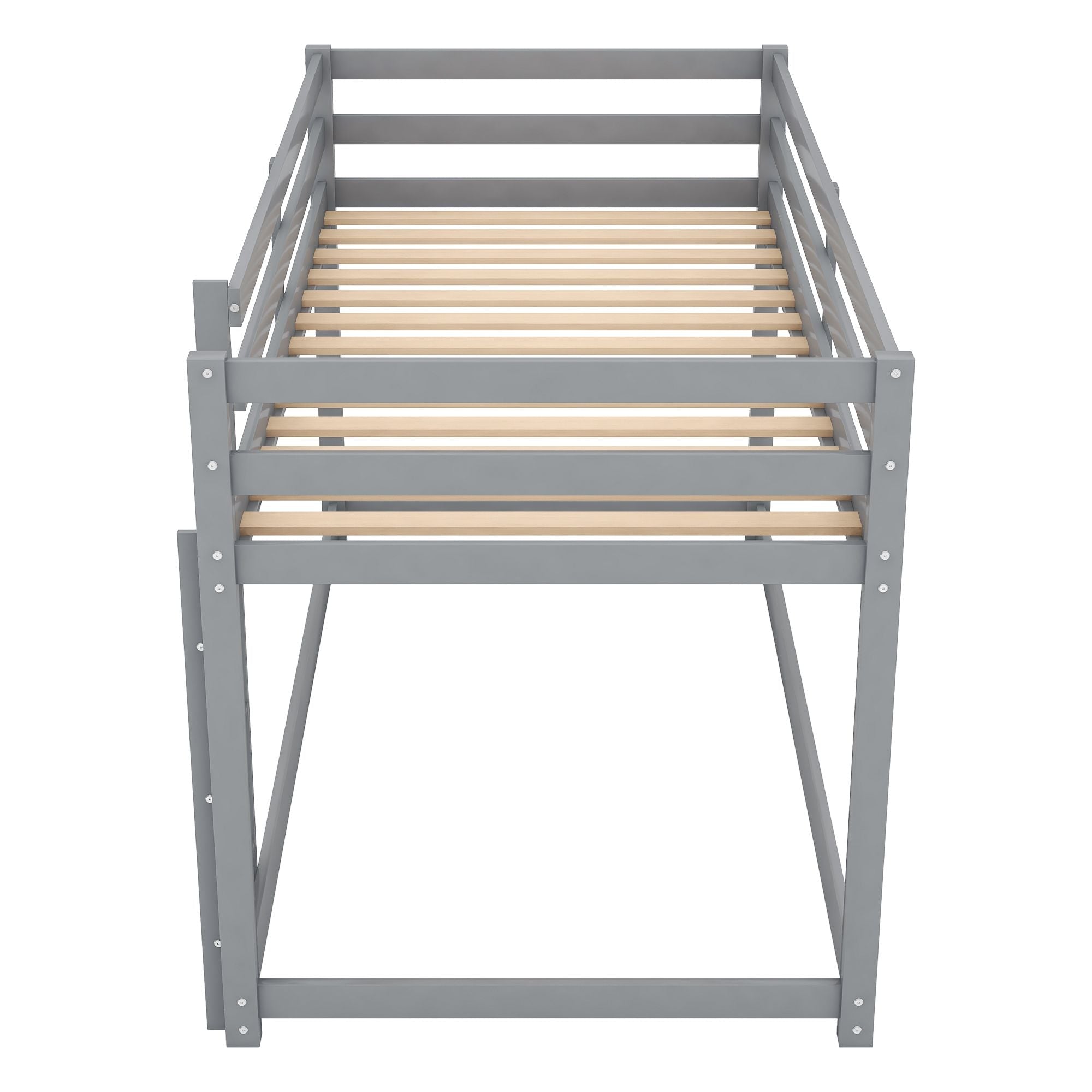 Low Profile Twin Over Twin Wood Floor Bunk Bed with Ladder in Gray for Kids Shared Rooms | Just Better Bunk Beds
