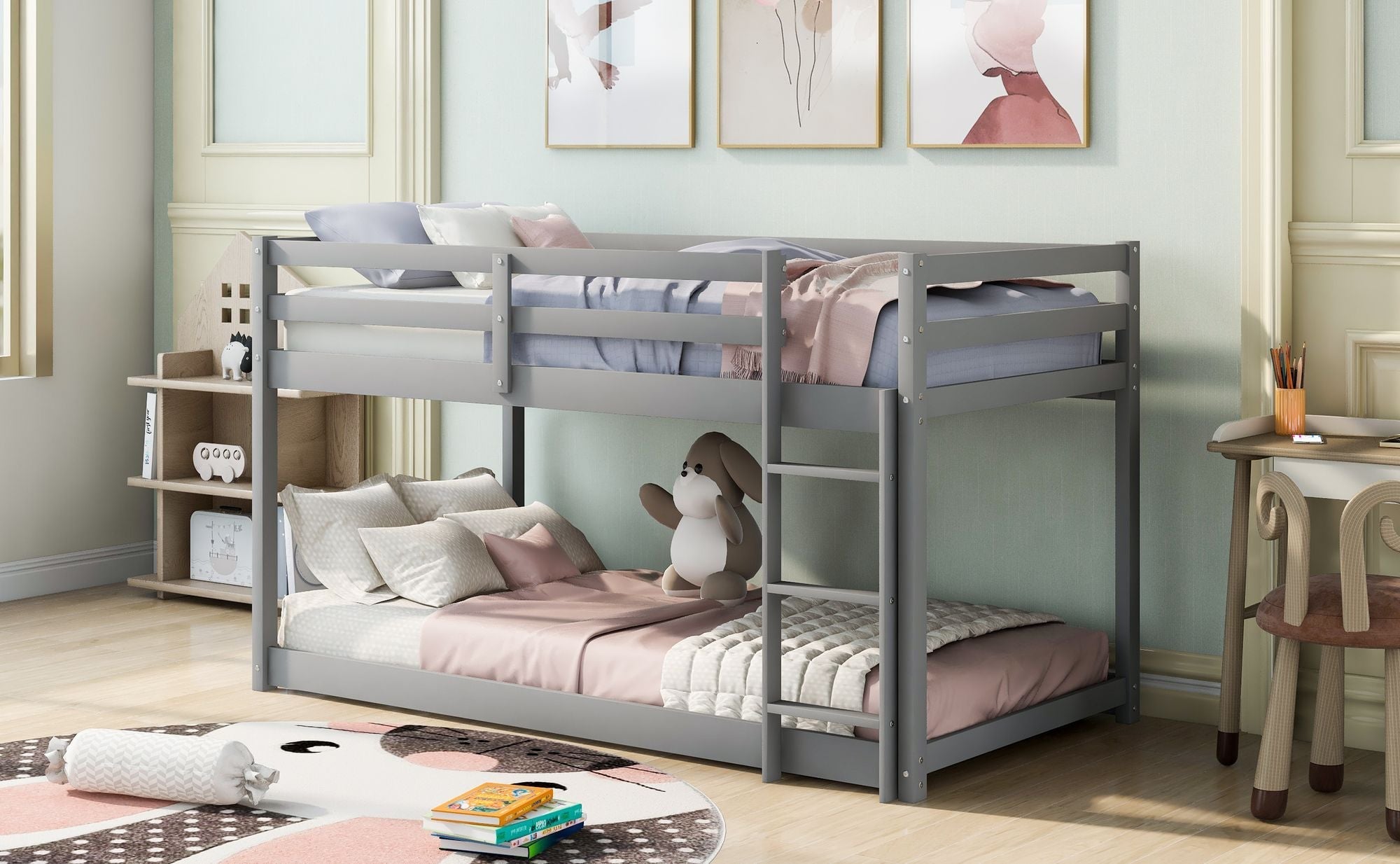 Low Profile Twin Over Twin Wood Floor Bunk Bed with Ladder in Gray for Kids Shared Rooms | Just Better Bunk Beds