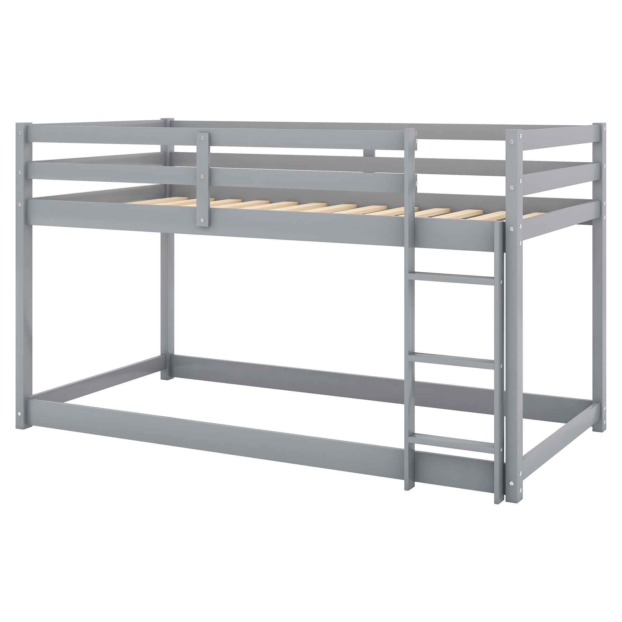 Low Profile Twin Over Twin Wood Floor Bunk Bed with Ladder in Gray for Kids Shared Rooms | Just Better Bunk Beds