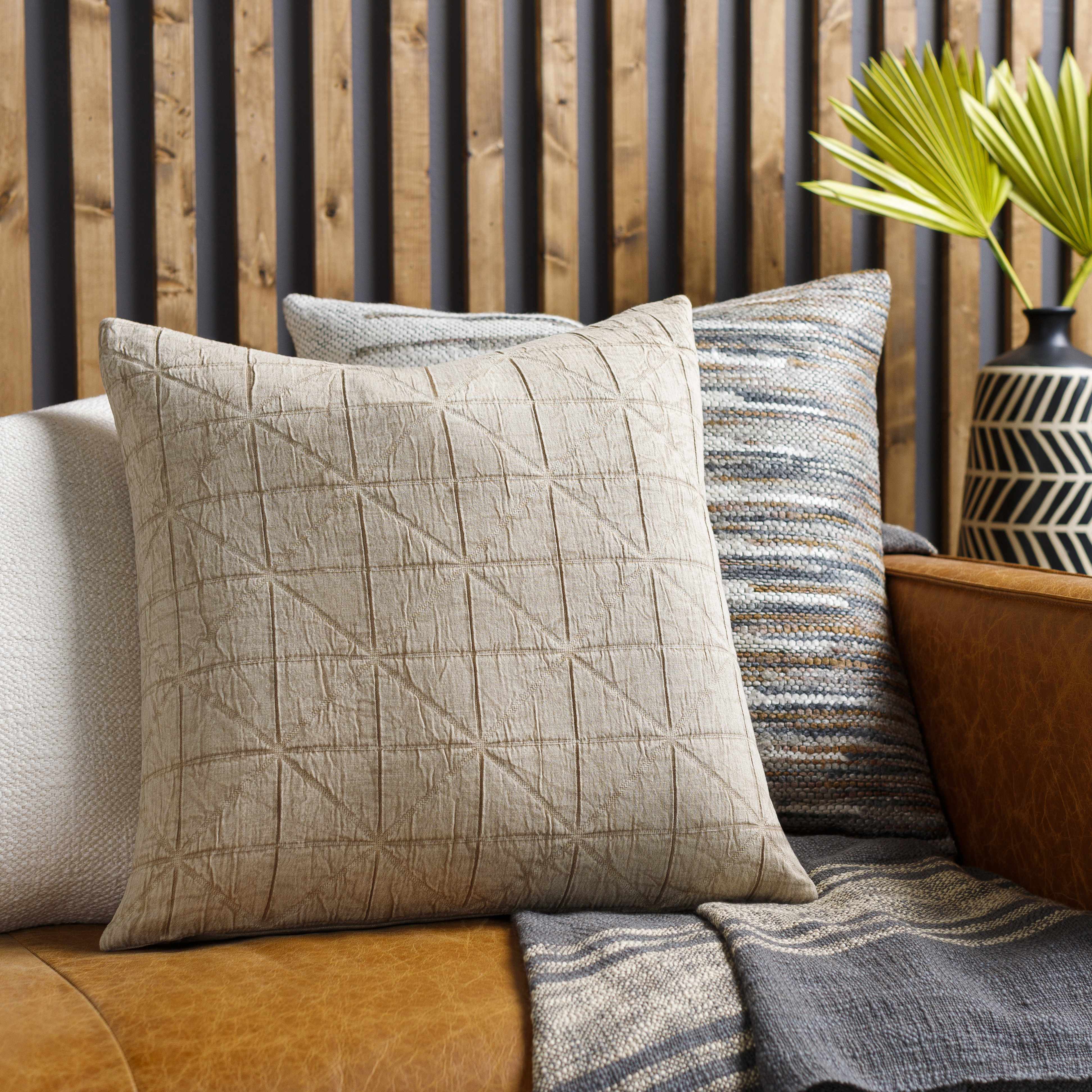 Bevara Beige Natural Textured Woven Cottage Country Cotton Accent Pillow-2