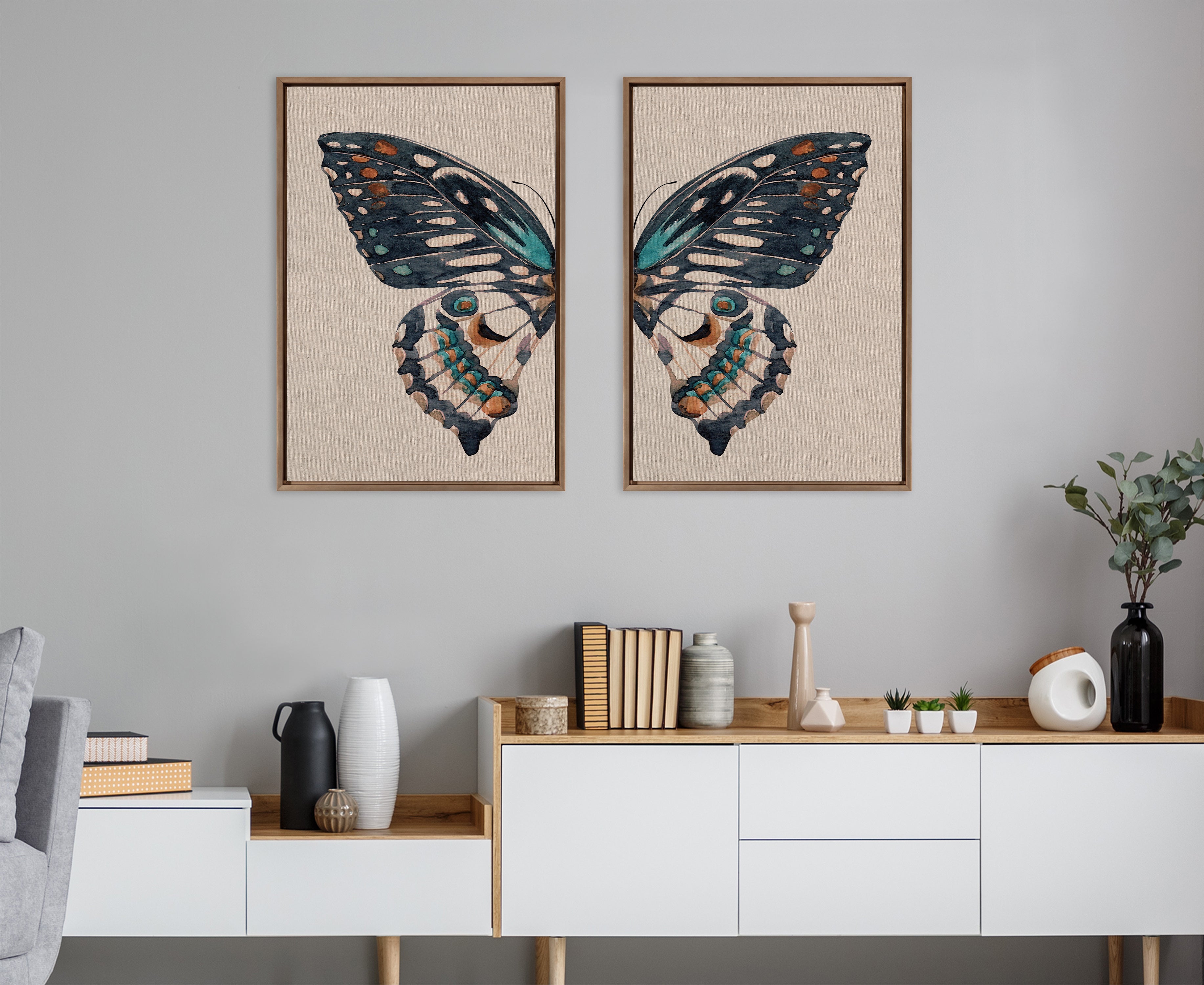 Sylvie Boho Butterfly Watercolor Diptych Neutral Linen Framed Canvas Art Set by The Creative Bunch Studio