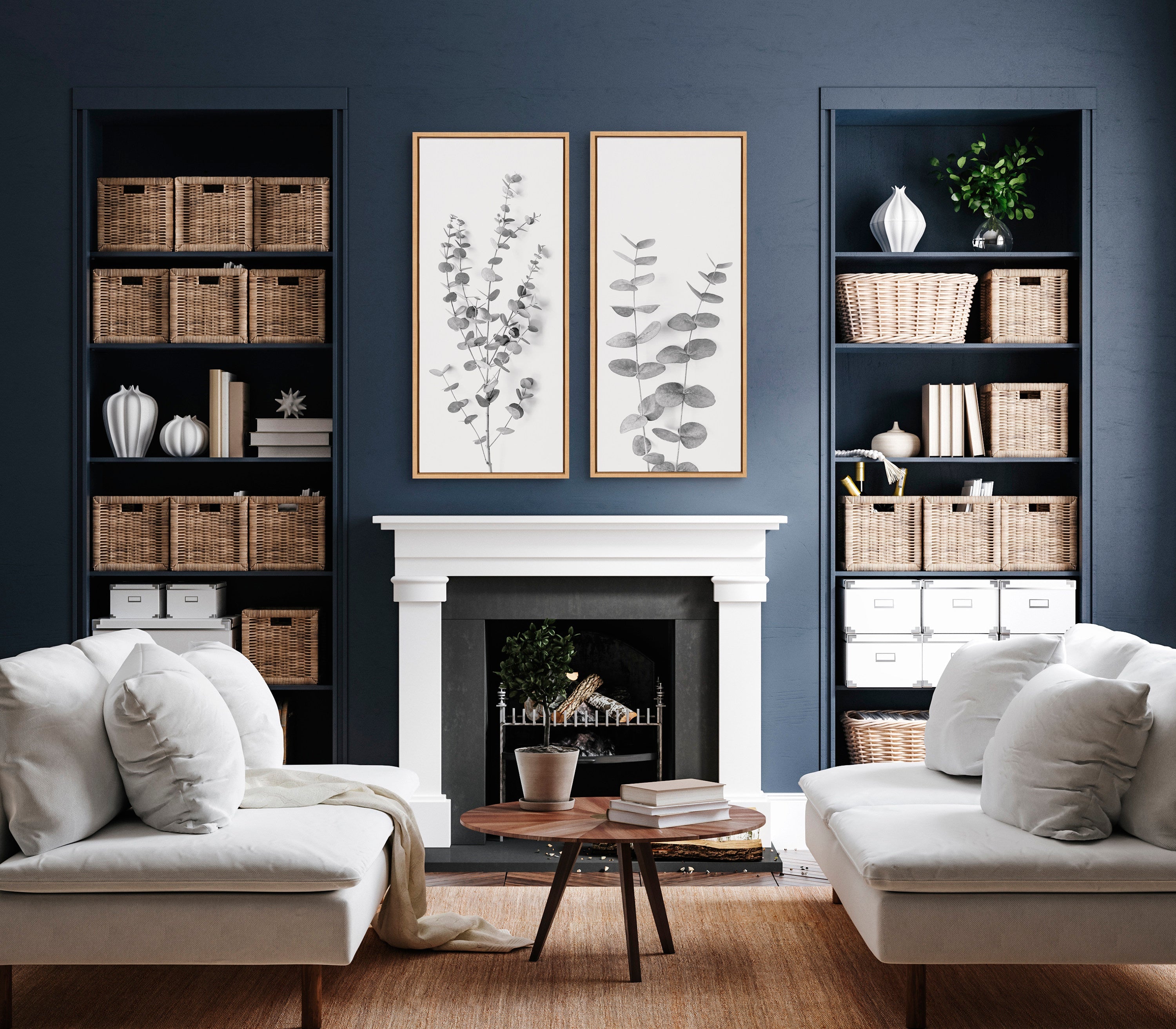 Sylvie Eucalyptus Botanical II Gray and Soft White Framed Canvas by The Creative Bunch Studio