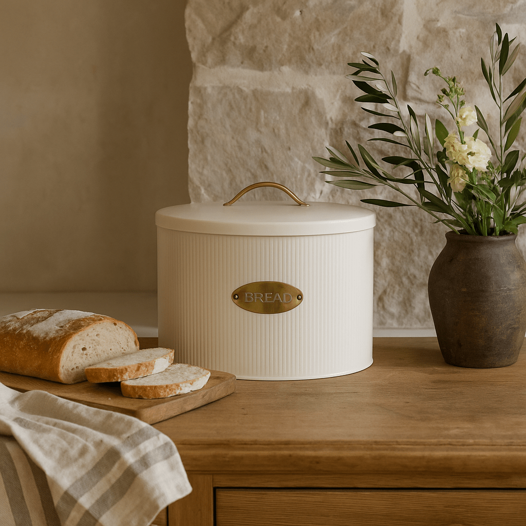 Metal Bread Storage Box with Lid – Cream with Brass Accent