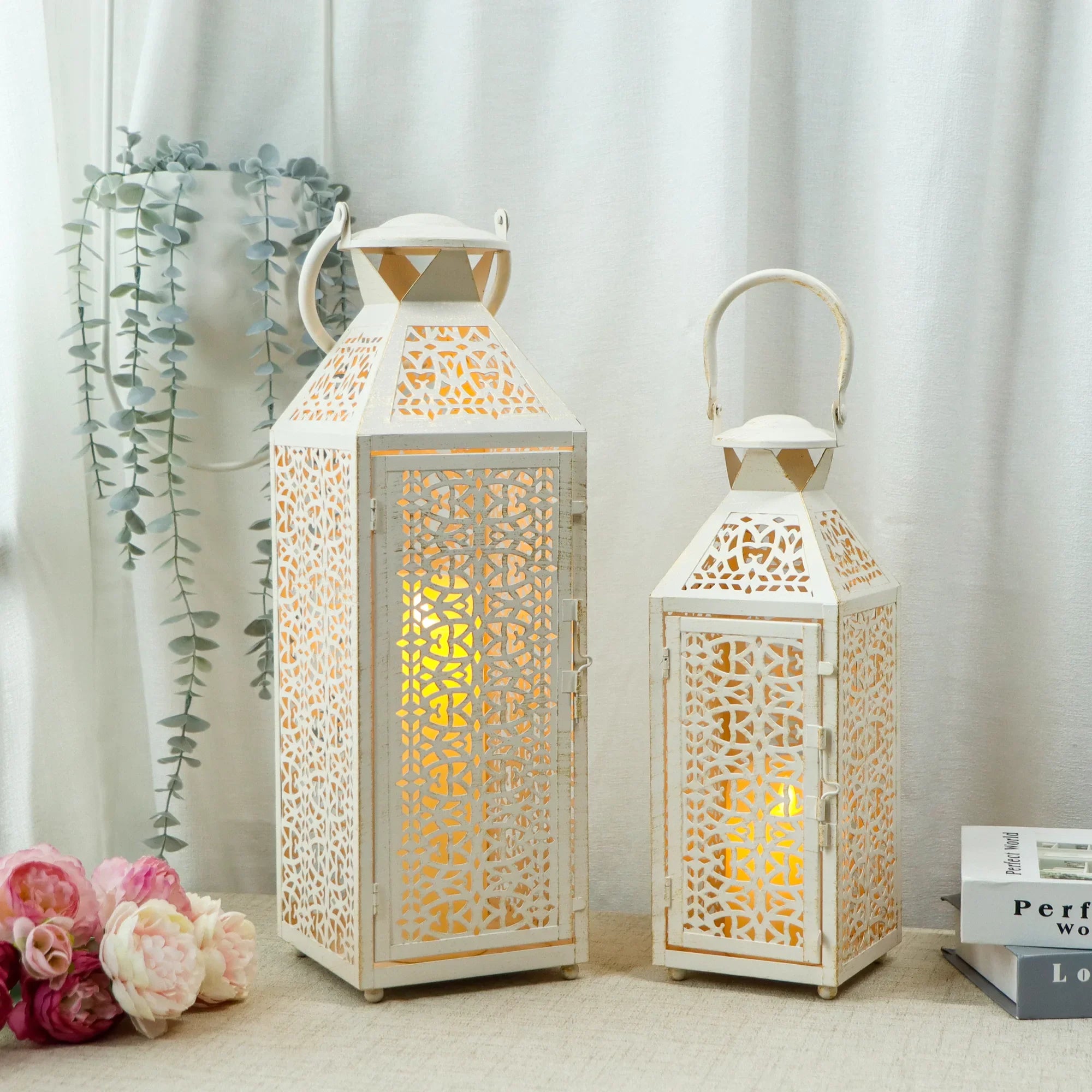 19"&14''H Moroccan Decorative Metal Candle Holders with Hollow Pattern-1