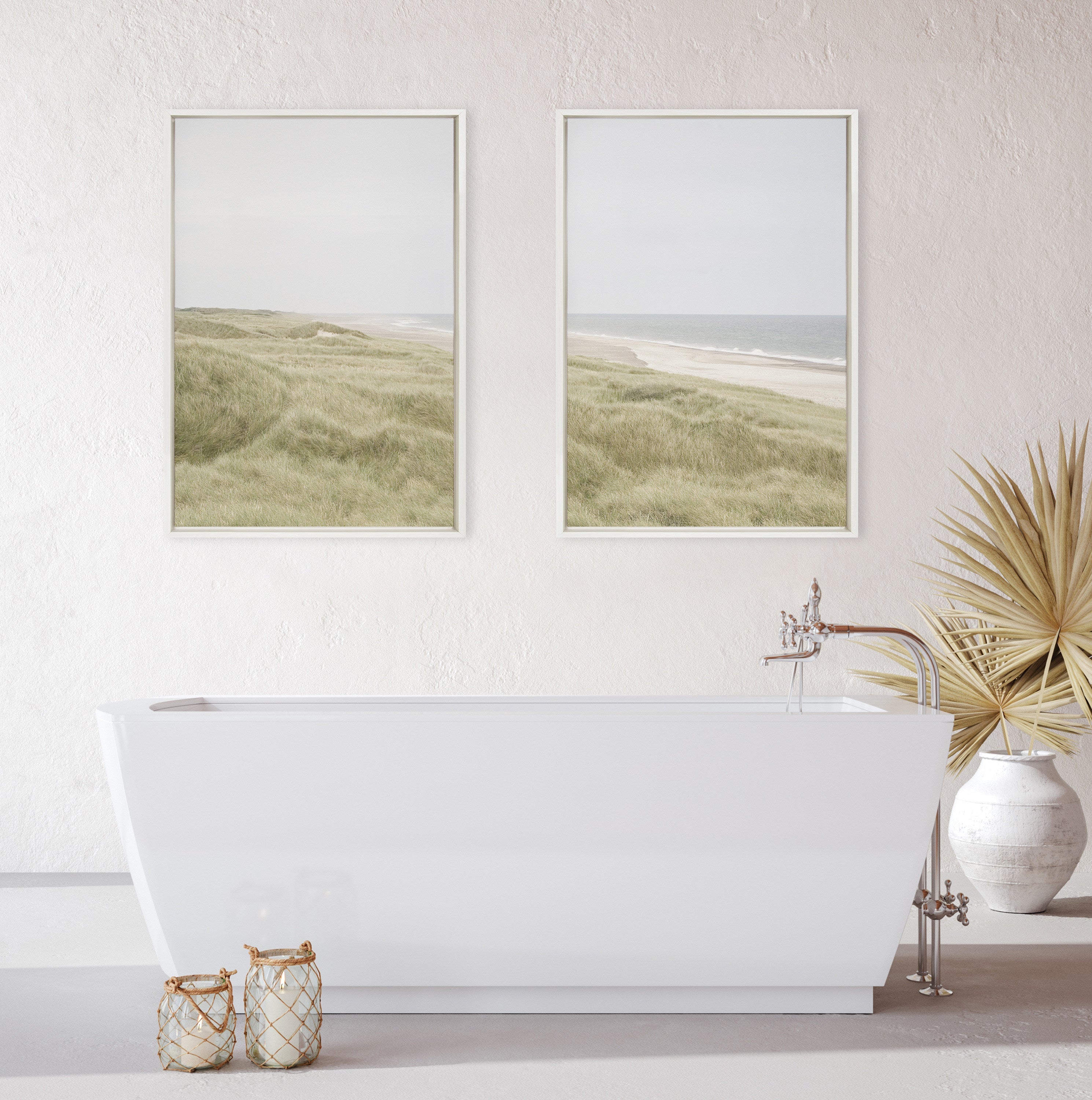 Sylvie Peaceful and Serene Coastal Landscape Left and Right Framed Canvas Art Set by The Creative Bunch Studio