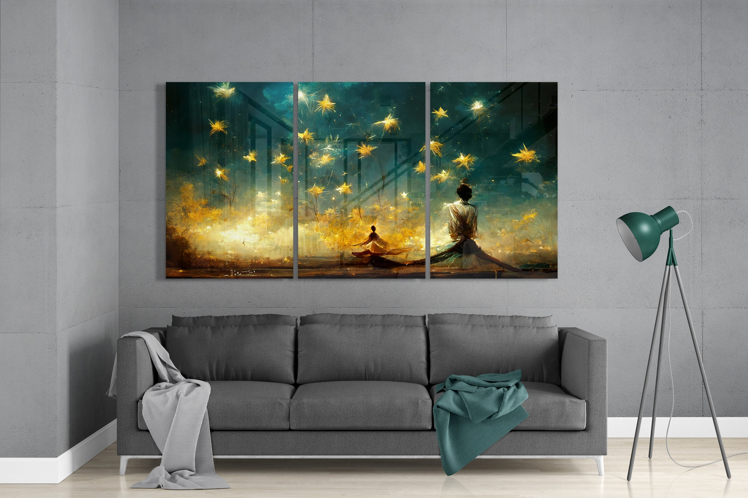 Golden Stars Over Teal Sky Meditation Glass Wall Art