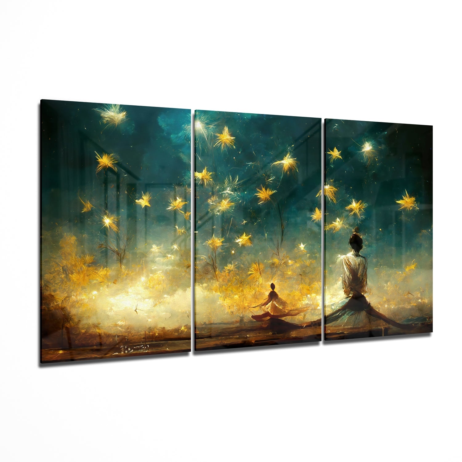 Golden Stars Over Teal Sky Meditation Glass Wall Art