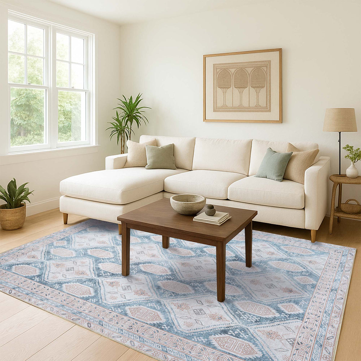 Samara Cream Blue Distressed Turkish Rug