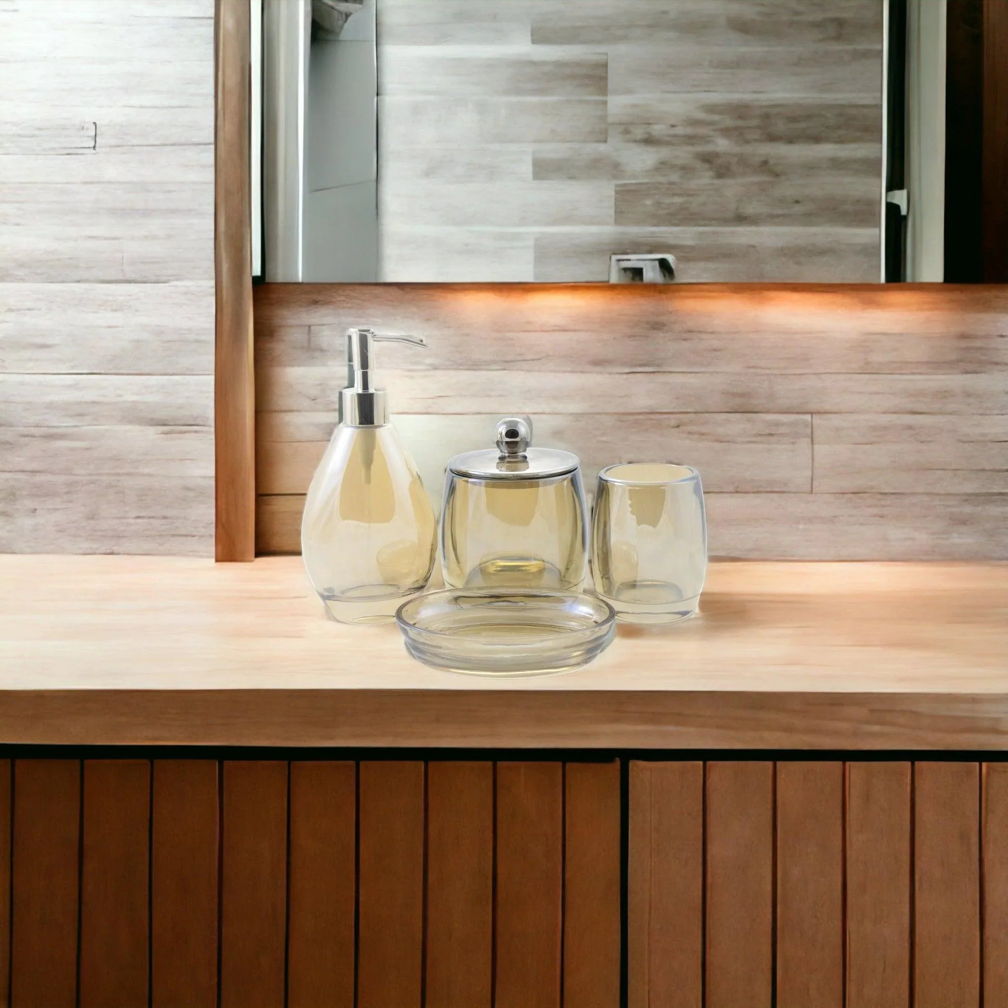 Modern Bathroom Decor - 4 Piece Glass Bathroom Set of Champagne Color