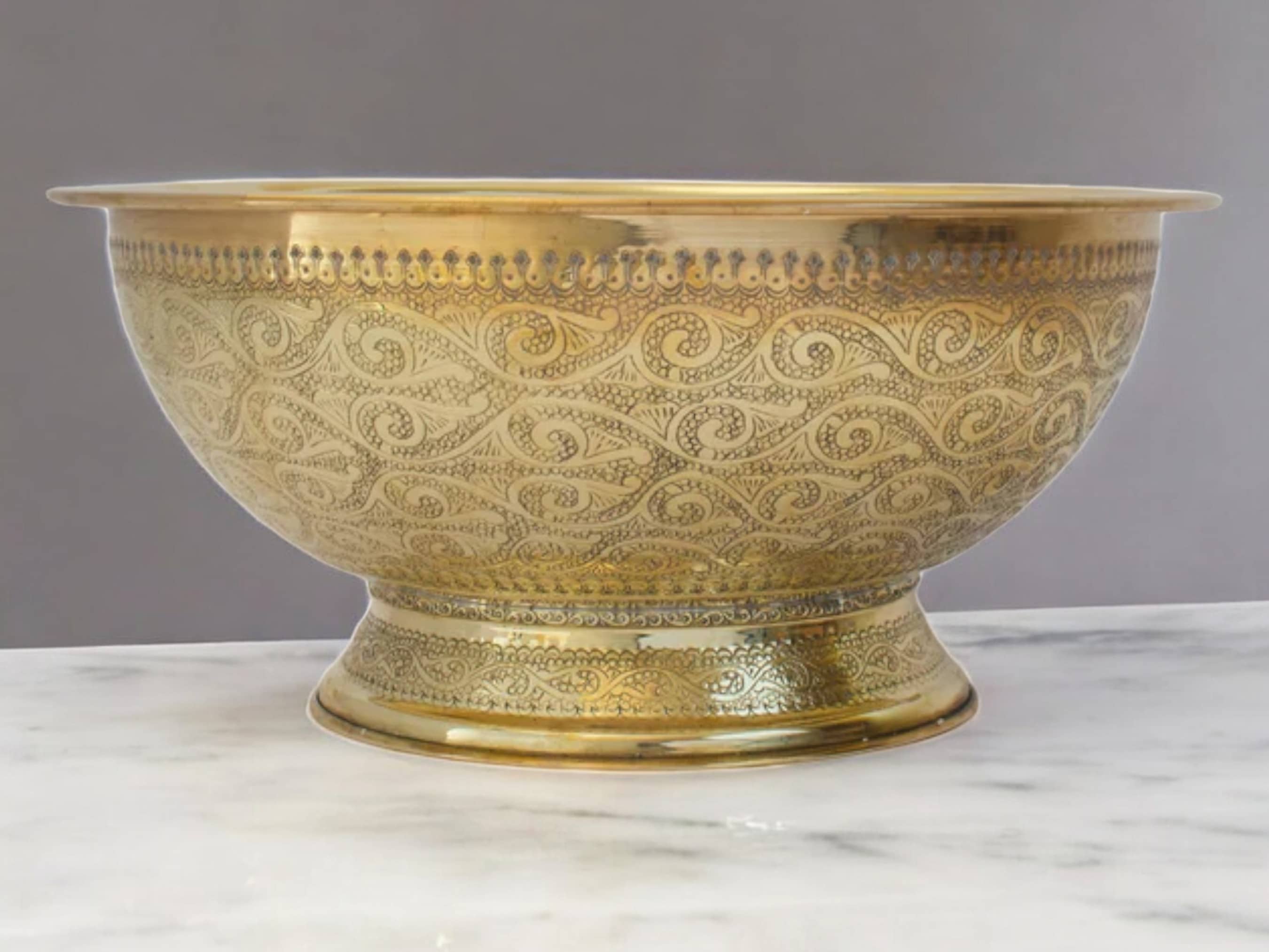 Antique Brass Bowl Vessel Sink – Engraved Gold Vintage Bathroom Vanity Basin-0