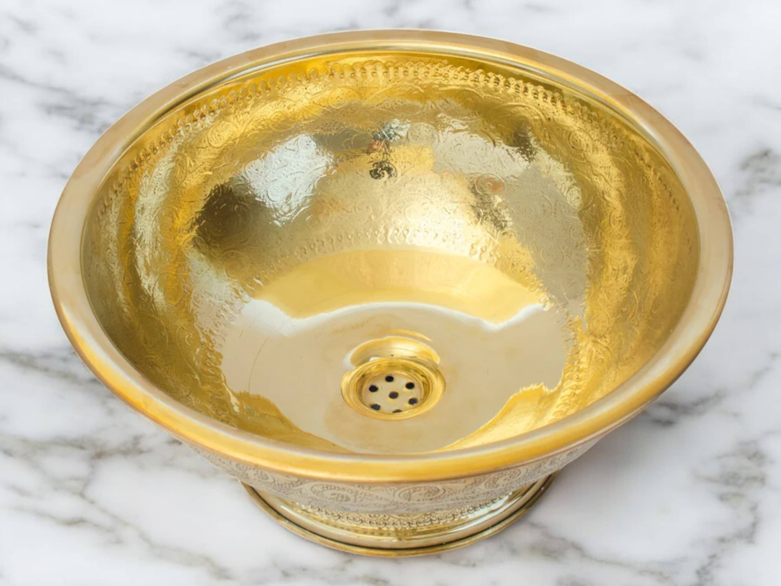 Antique Brass Bowl Vessel Sink – Engraved Gold Vintage Bathroom Vanity Basin-2