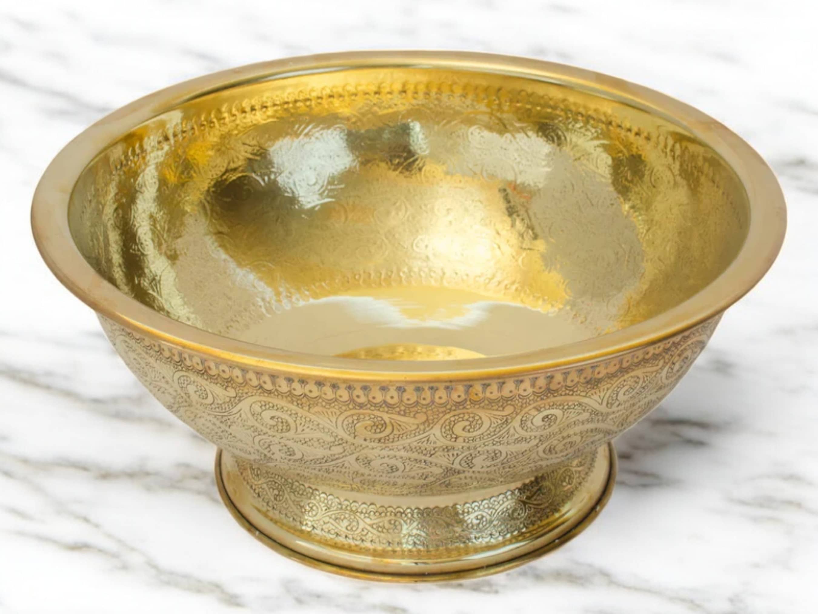 Antique Brass Bowl Vessel Sink – Engraved Gold Vintage Bathroom Vanity Basin-3