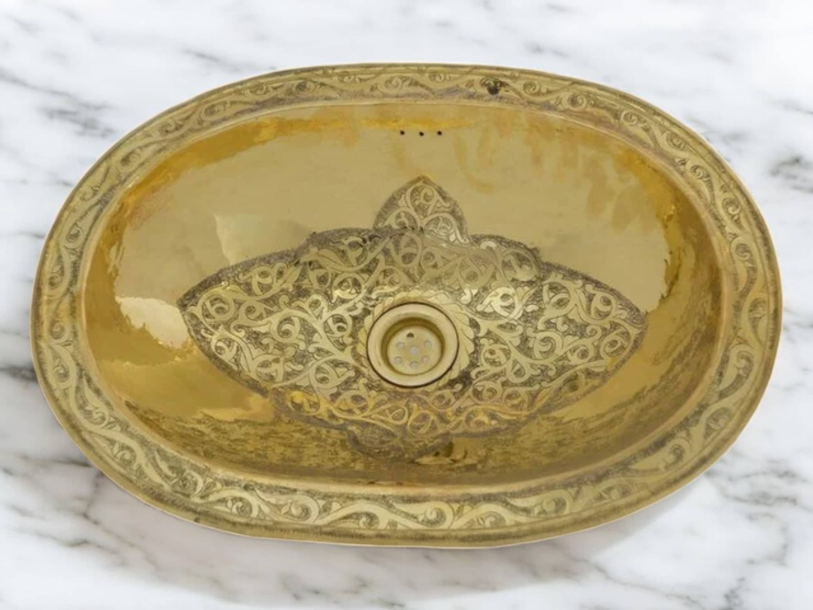 Brass Sink – Oval Brass Drop-in Bathroom Sink with Engraved Antique Finish-0