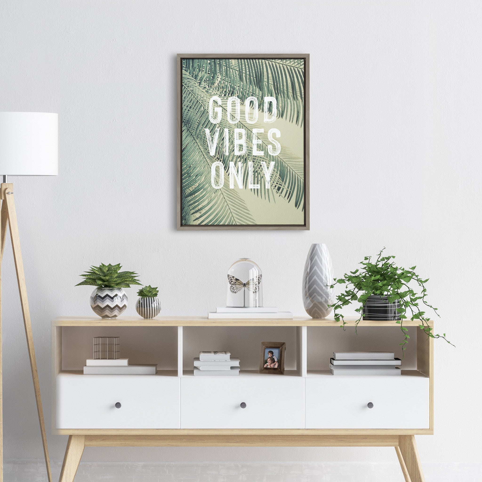 Sylvie Vintage Tropical Palms Good Vibes Only Framed Canvas by The Creative Bunch Studio