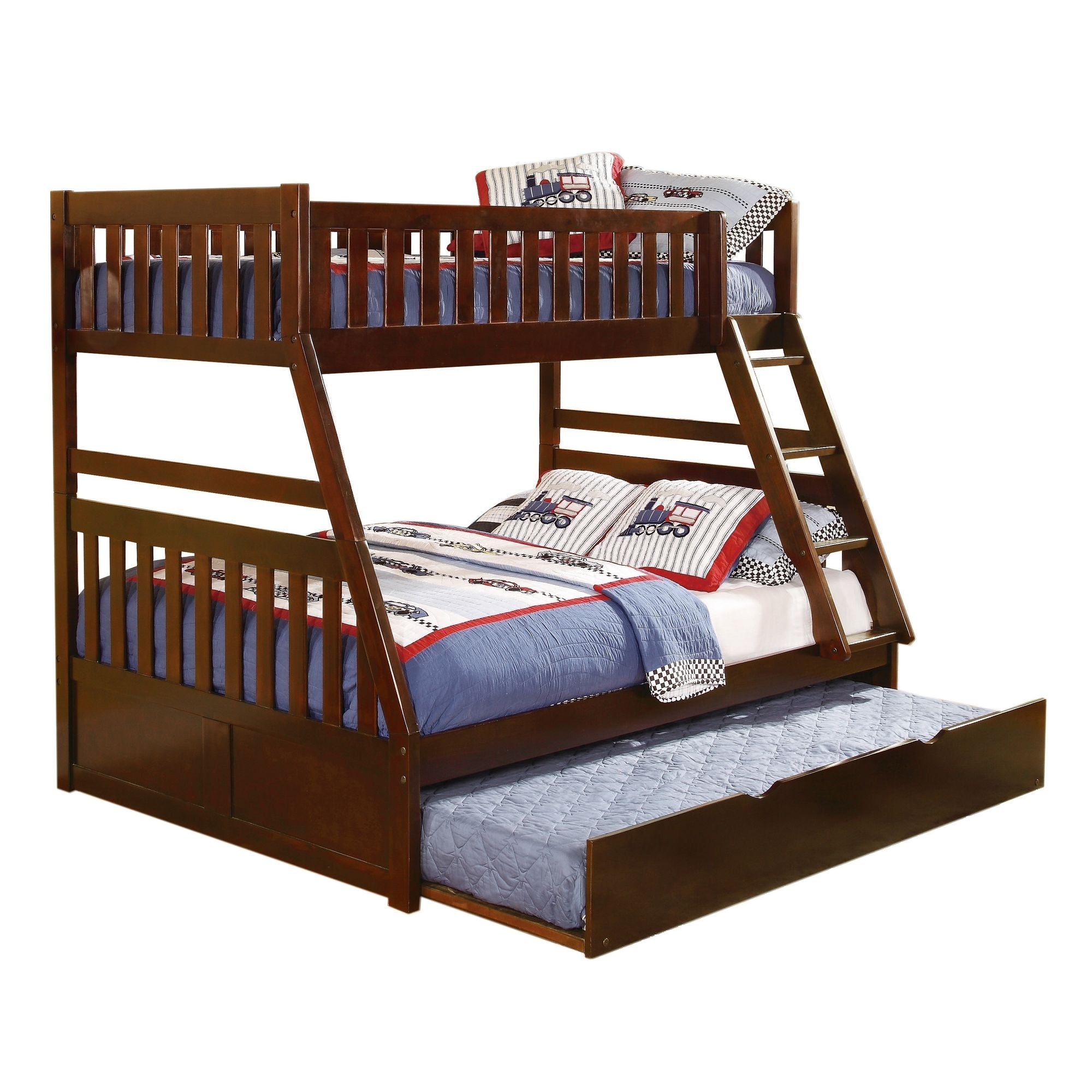 Multi-Sleeper Twin Over Full Wood Bunk Bed with Twin Trundle and Dark Cherry Finish | Just Better Bunk Beds