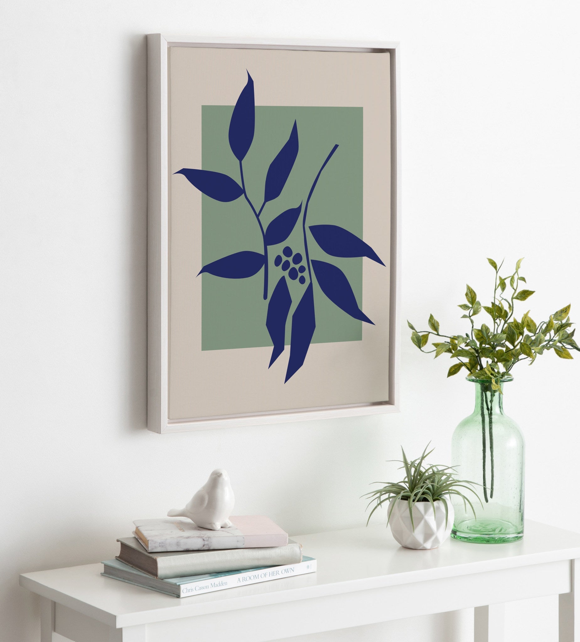 Sylvie Colorful Retro Botanical Green and Blue Framed Canvas by The Creative Bunch Studio
