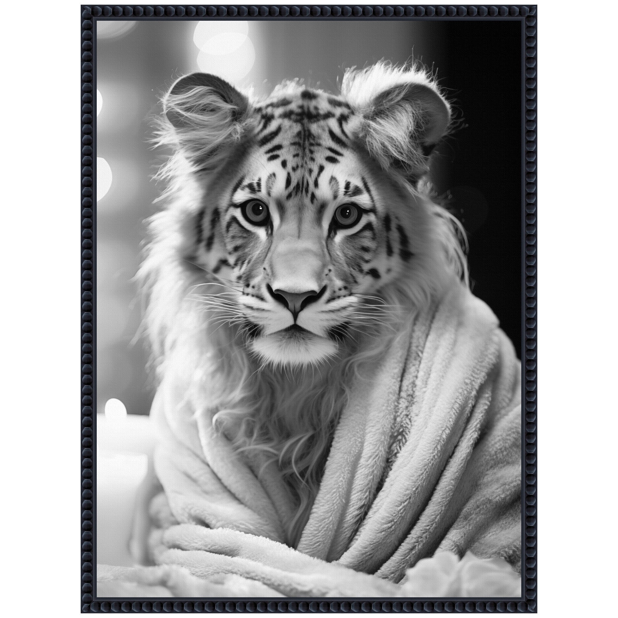 Sylvie Tiger Glam Bathroom Towel Robe Black and White Framed Canvas by The Creative Bunch Studio