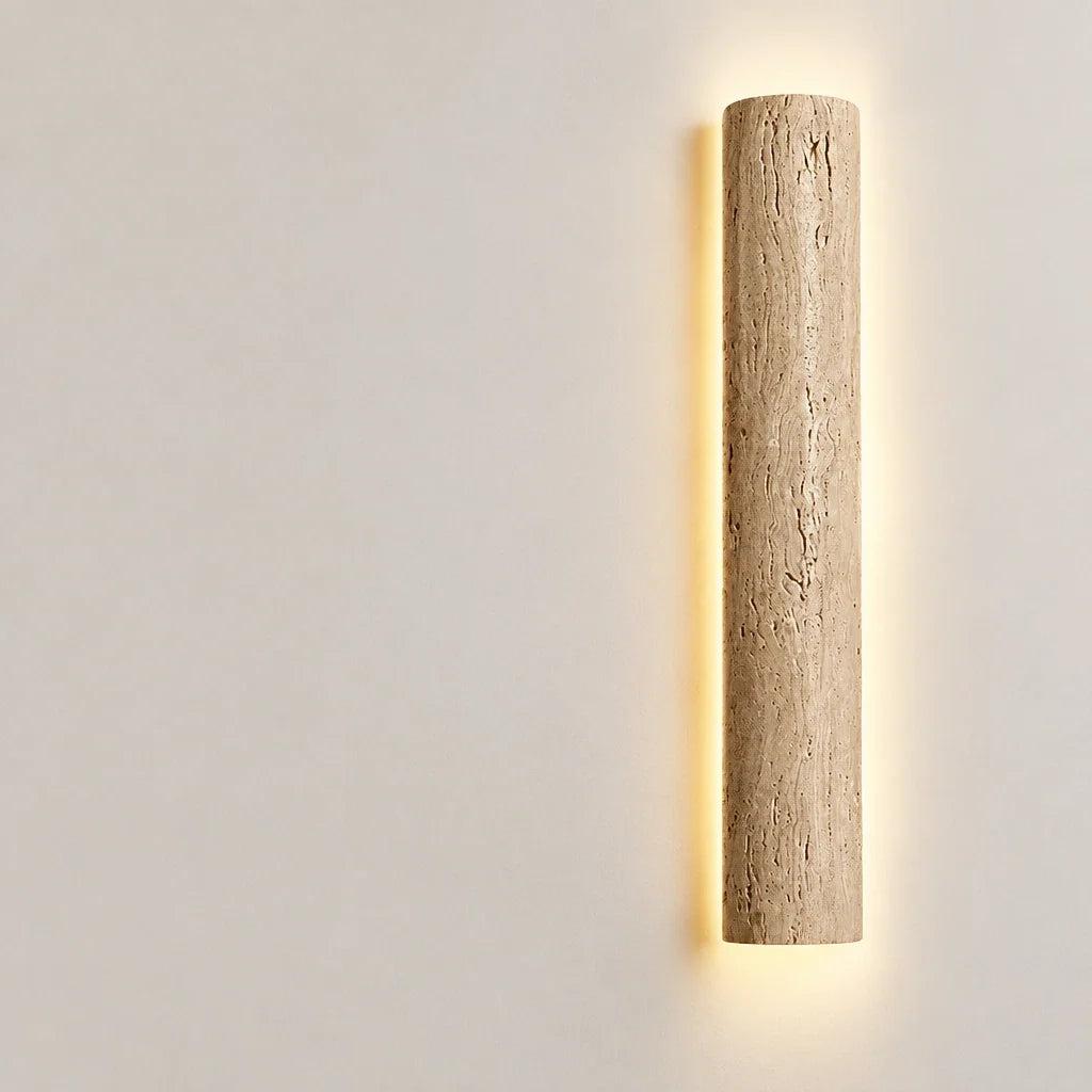Natural Travertine Bar Wall Sconce with Integrated LED | Stone Light for Hallways
